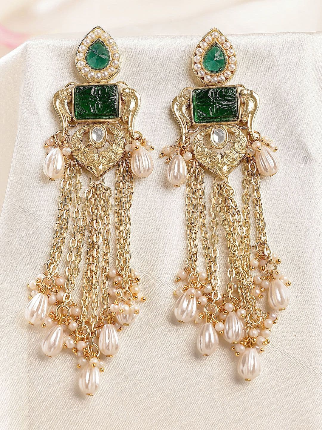 KARATCART Gold-Plated Contemporary Stone and Pearl Studded Tasselled Drop Earrings - view 1