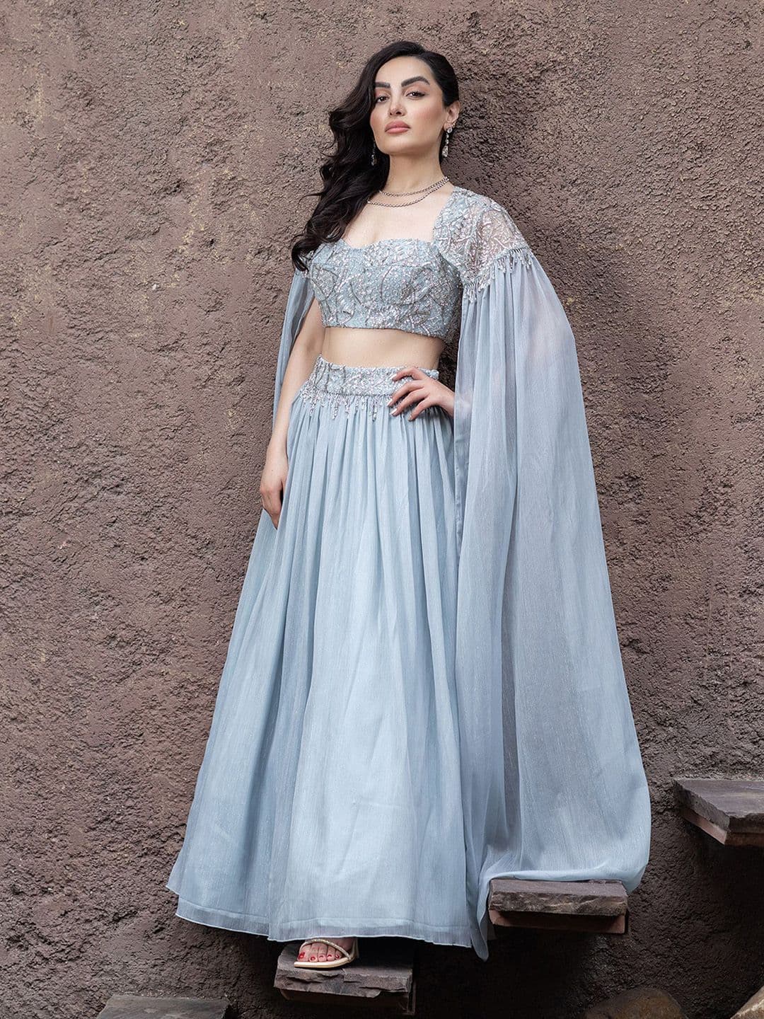 MABISH LUXE Embroidered Beads & Stones Ready To Wear Lehenga & Blouse With Cape Dupatta - view 1