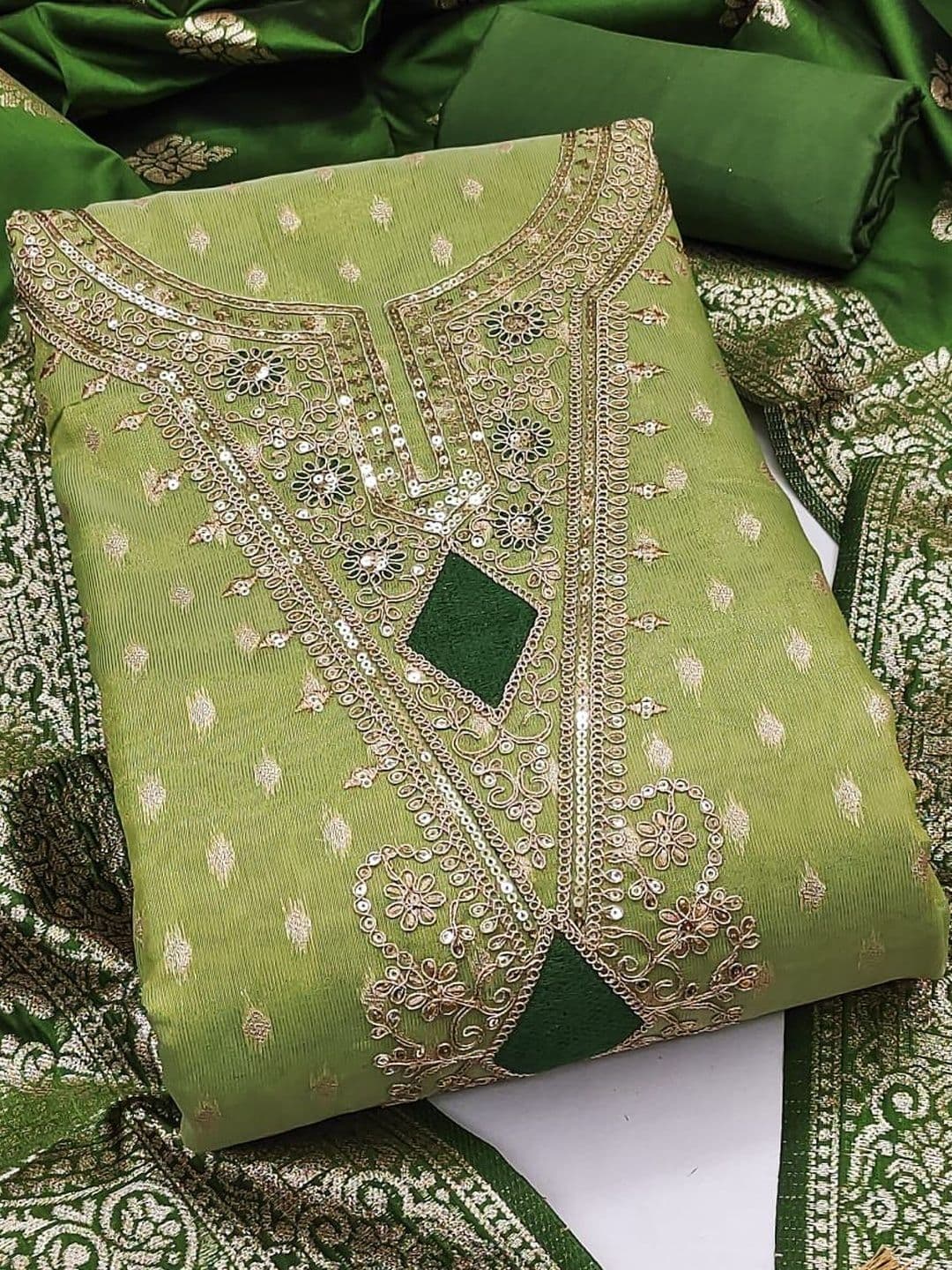 KALINI Green Simmer Silk Jacquard With Embroidery Work Unstitched Dress Material - view 1