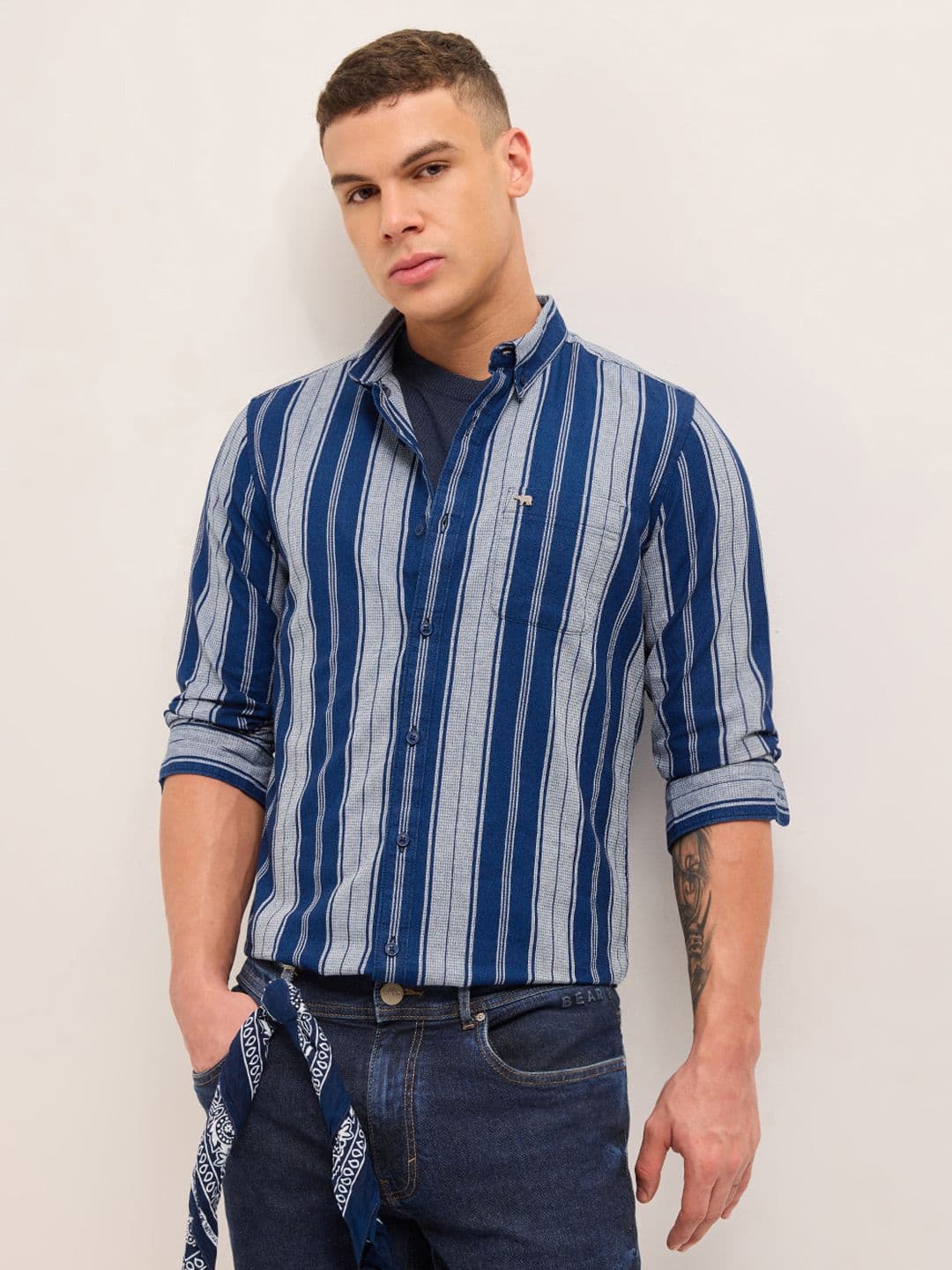 THE BEAR HOUSE Men Slim Fit Vertical Striped Button-Down Collar Pure Cotton Casual Shirt - view 1