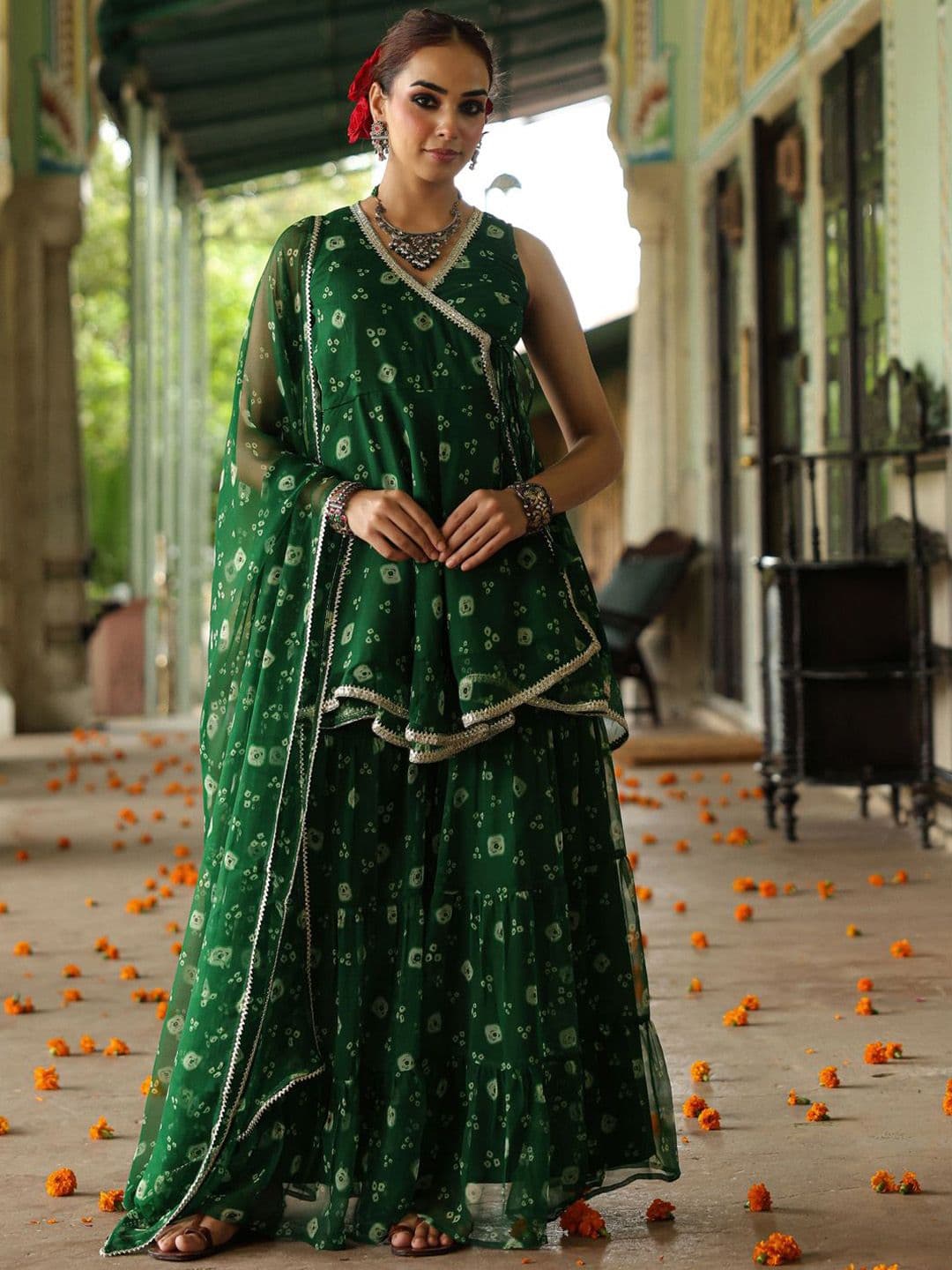 anayna Bandhani Printed V-Neck Gotta Patti Georgette Anarkali Kurti With Sharara & Dupatta - view 1
