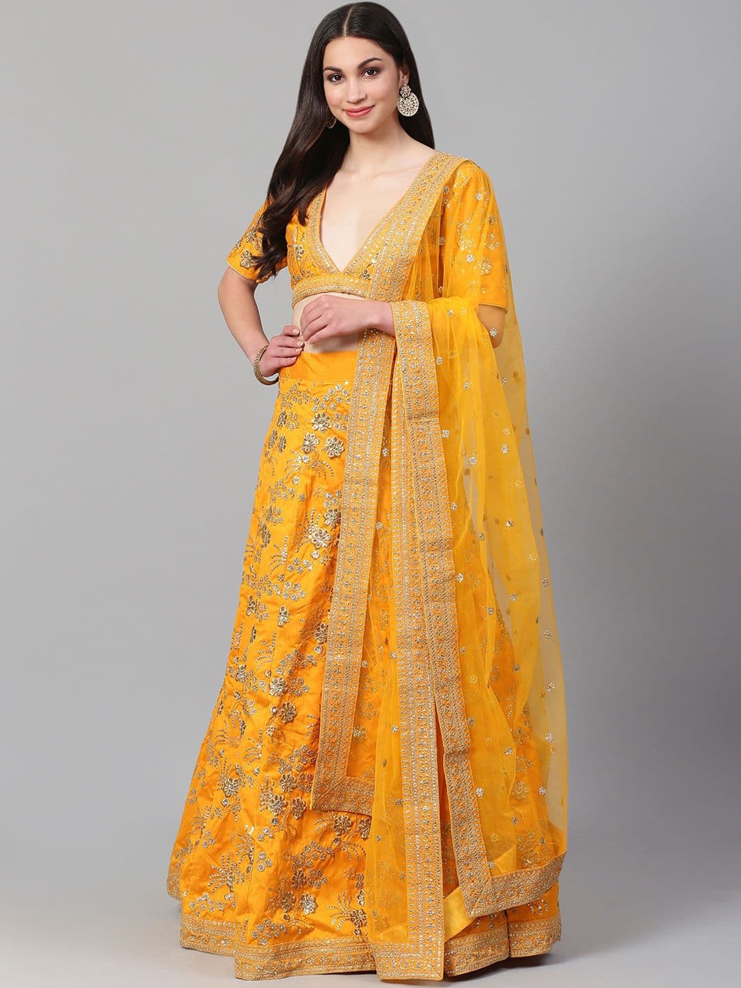 ETHNIC PLUS Yellow Embellished Silk Semi-Stitched Lehenga & Unstitched Blouse With Dupatta - view 1
