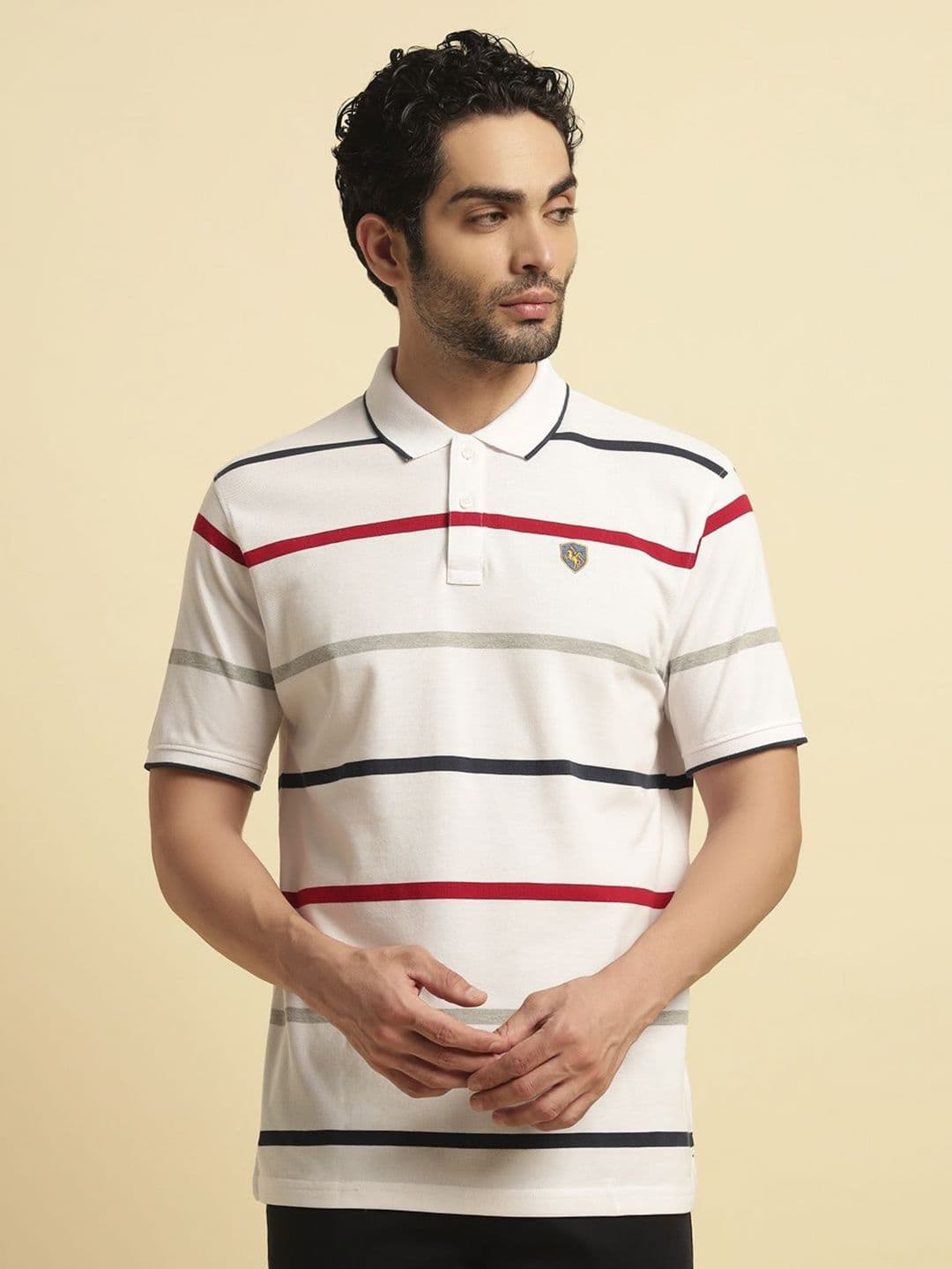 Cantabil Striped Polo Collar Cotton T-shirt - view 1