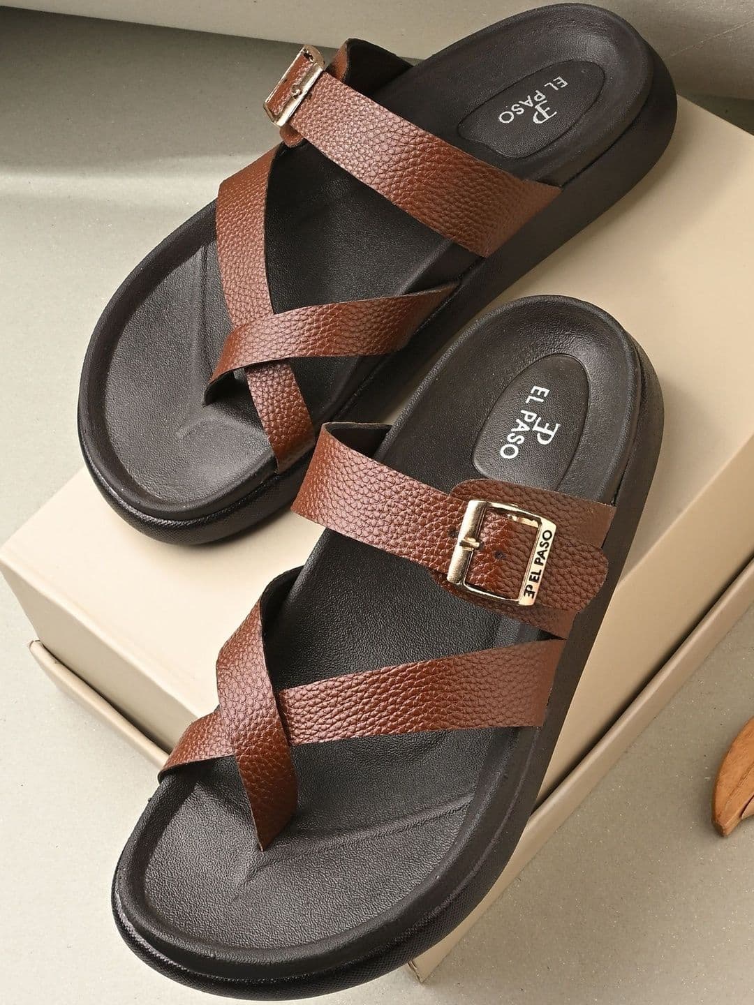 El Paso Men Tan Synthetic Slip-On Comfort Sandals - view 1
