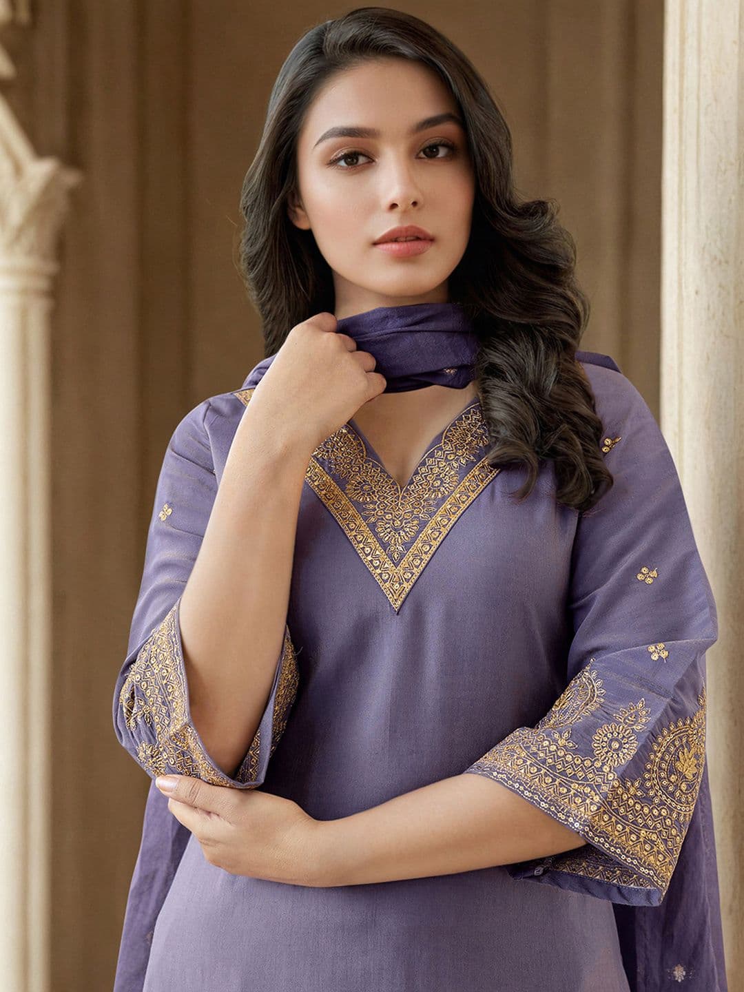 SANISA Floral Yoke Design V-Neck Sequinned Straight Kurta With Trouser And Dupatta - view 1