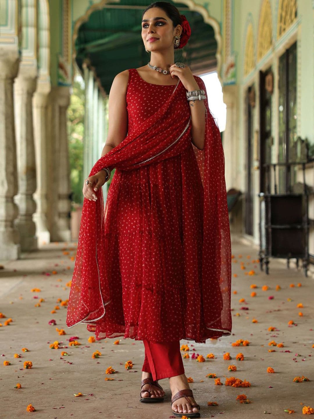 Anayna Women Bandhani Printed Tiered Gotta Patti Kurta with Trousers & Dupatta - view 1