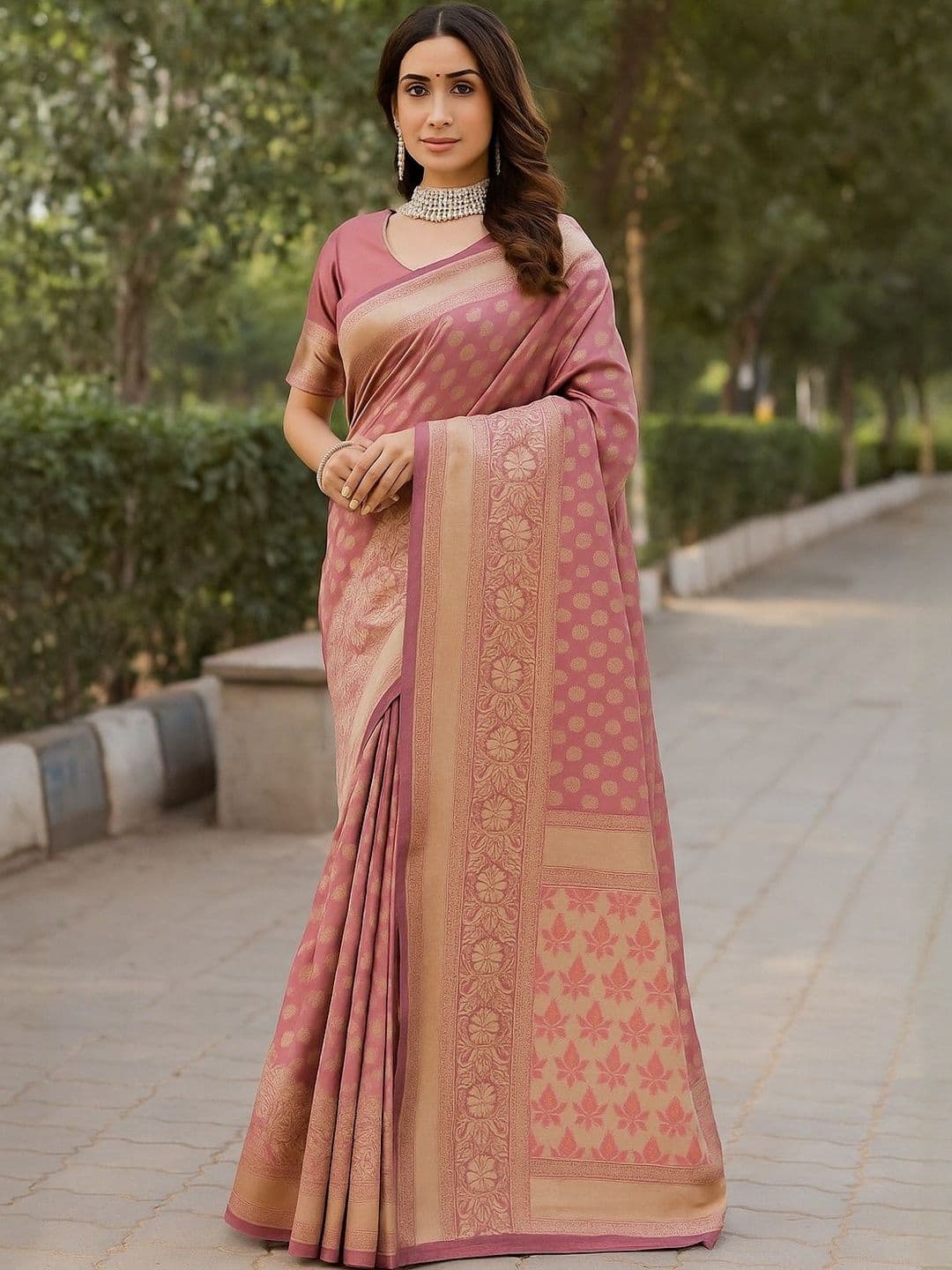 Moda Rapido Peach Silk Cotton Woven Design Sarees - view 1