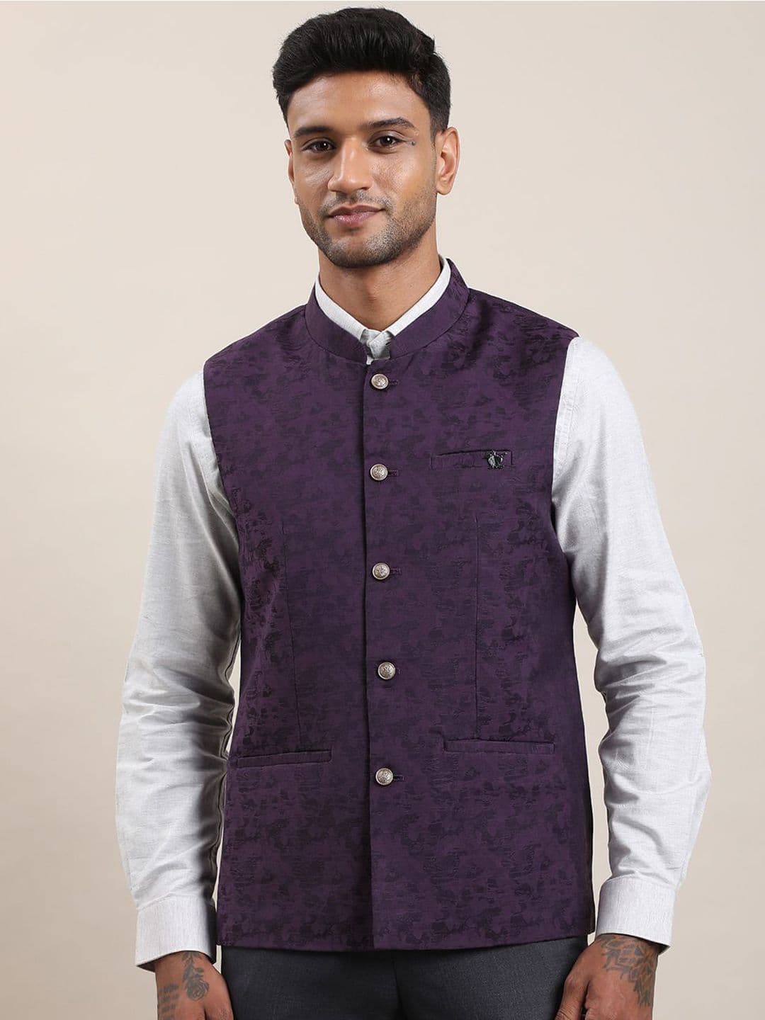 Turtle Woven Design Tailored-Fit Nehru Jacket - view 1