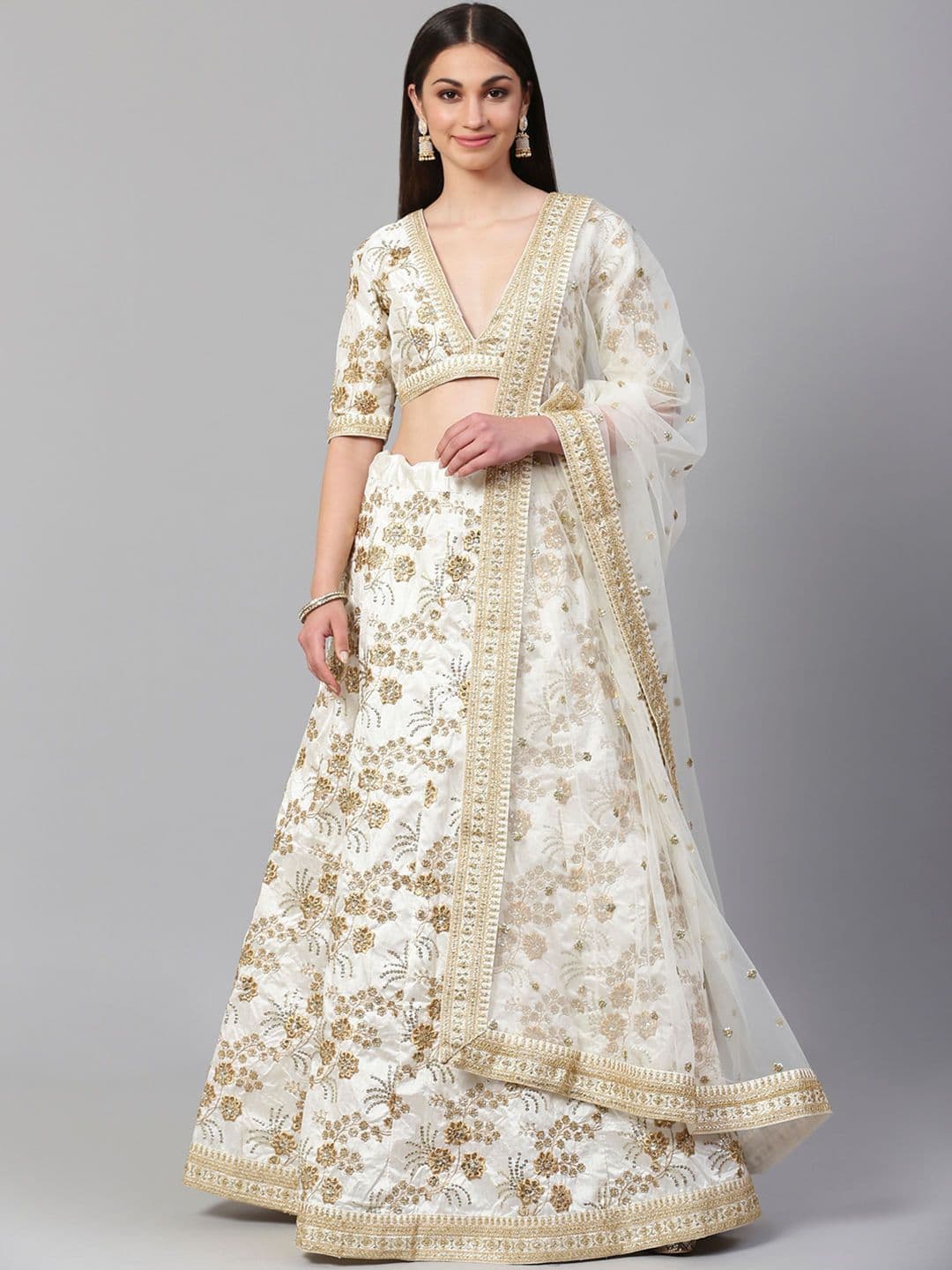 ETHNIC PLUS Sequinned Embroidered Silk Lehenga Choli With Dupatta - view 1