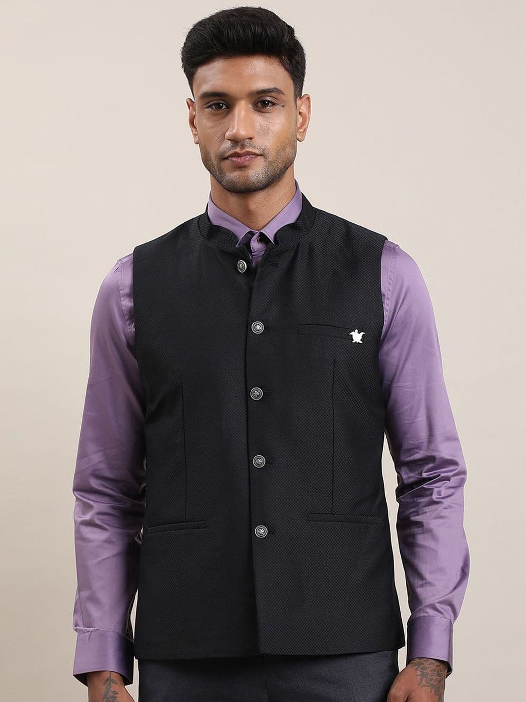 Turtle Woven Design Mandarin Collar Nehru Jacket - view 1