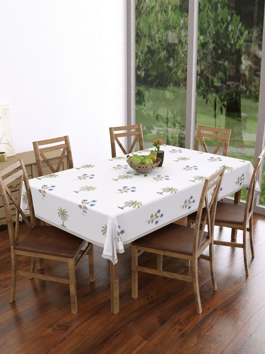 Texstylers White Floral Printed Rectangle Anti-Slip Pure Cotton 6-Seater Table Cover - view 1