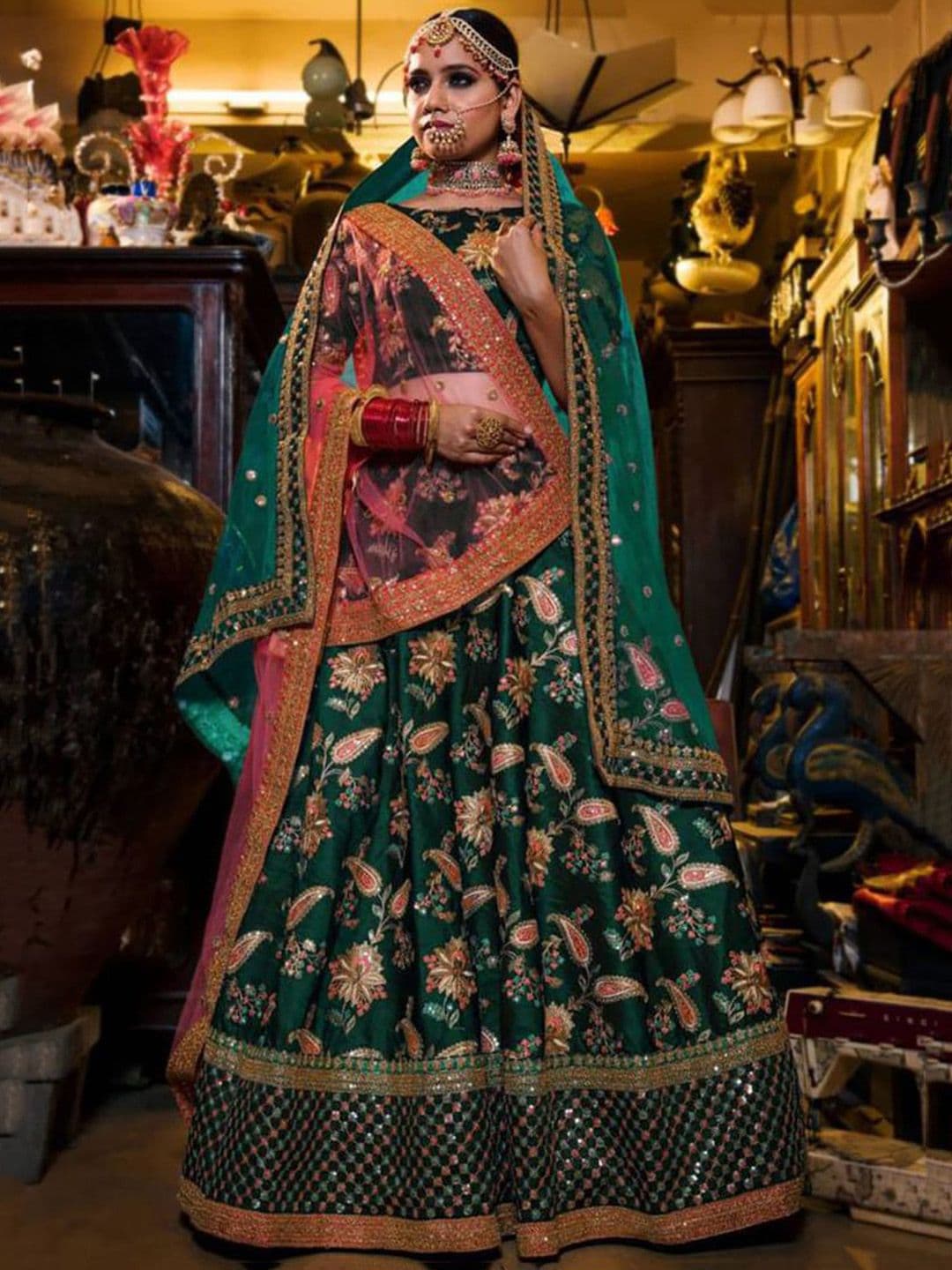ETHNIC PLUS Green Embroidered Sequinned Silk Semi-Stitched Lehenga & Blouse With Dupatta - view 1