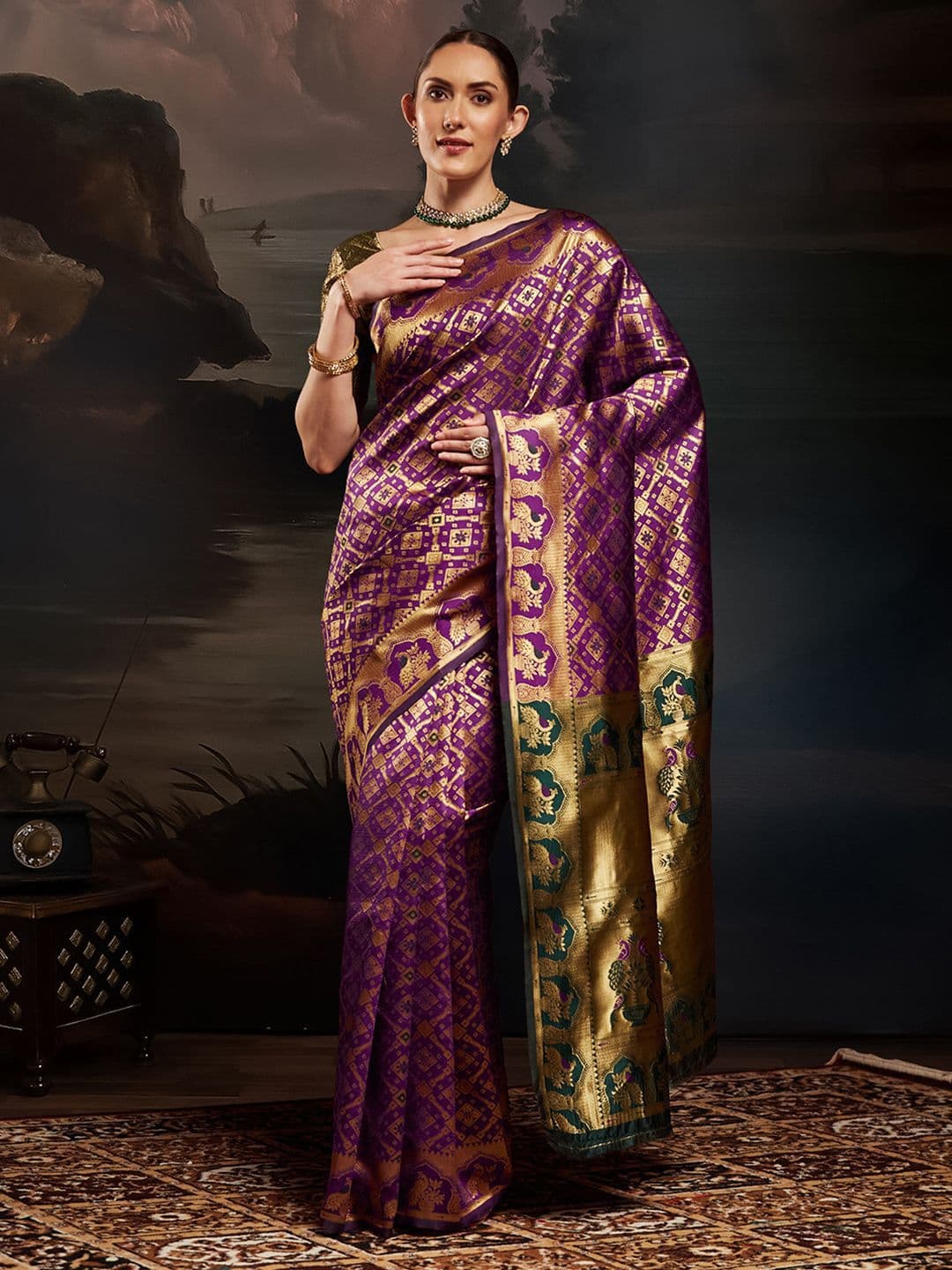 House of Pataudi Ethnic Motifs Woven Design Zari Kanjeevaram Litchi Silk Saree & Blouse - view 1