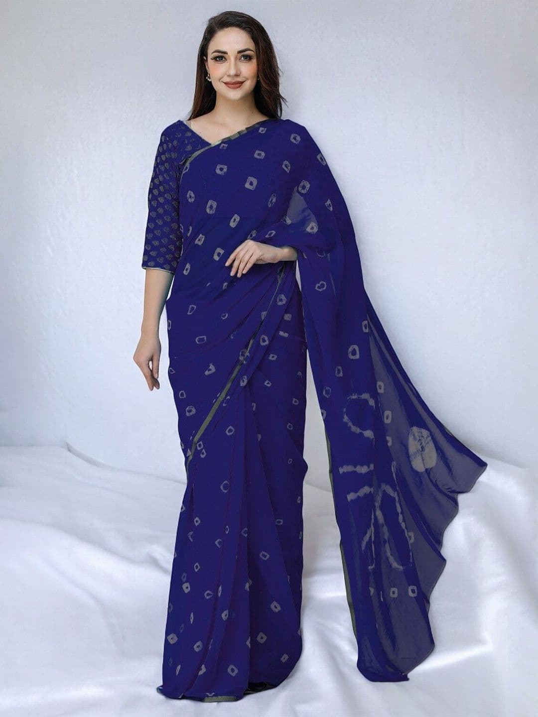 CLAFOUTIS Tie and Dye Pure Chiffon Handloom Bandhani Saree With Unstitched Blouse Piece - view 1