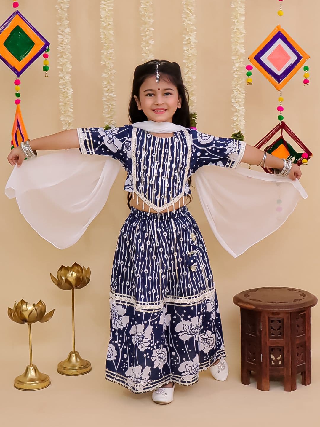 Aj DEZInES Girls Blue Floral Printed Ready To Wear Cotton Lehenga & Blouse With Dupatta - view 1