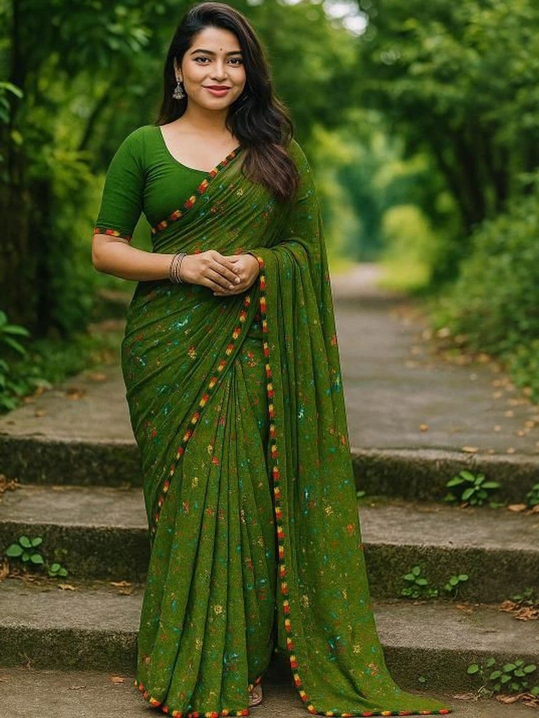 Moda Rapido Green Pure Georgette Printed Sarees - view 1
