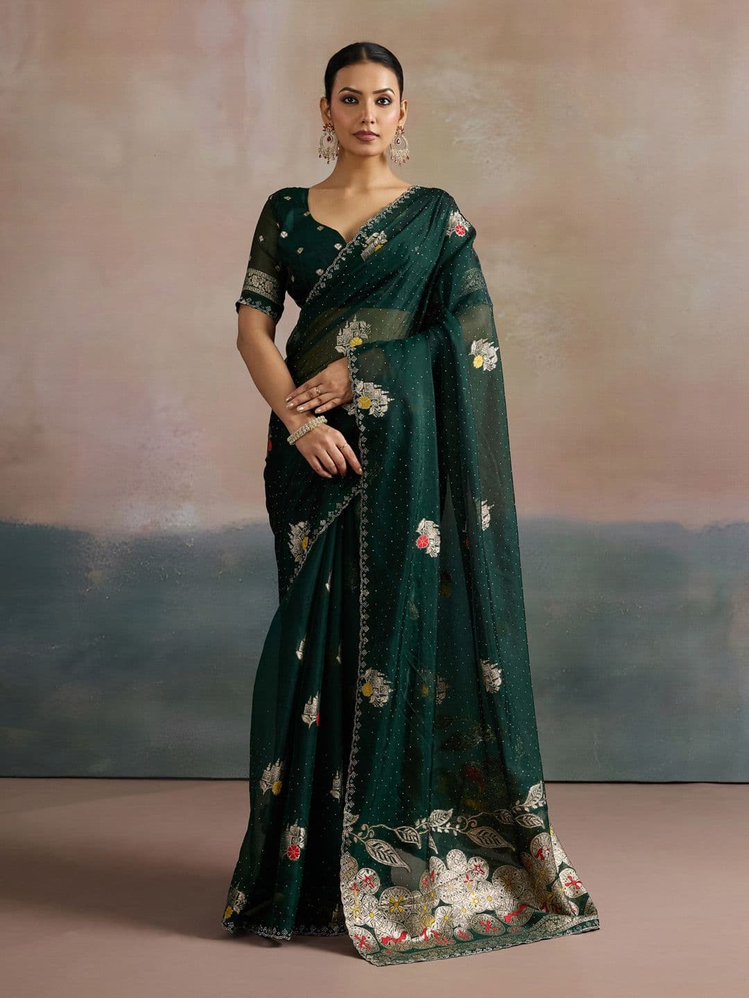 Mitera Ethnic Motifs Embroidered Beads and Stones Organza Uppada Saree - view 1