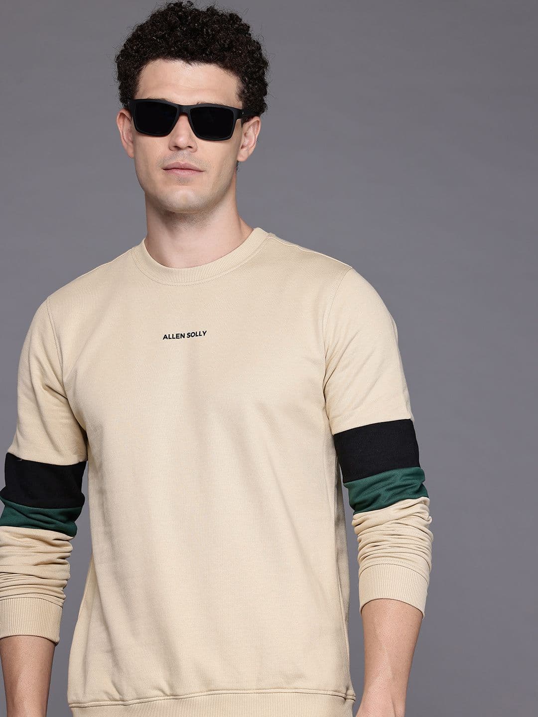 Allen Solly Brand Logo Printed Contrasting Striped Detail Sweatshirt with Inner Fleece - view 1