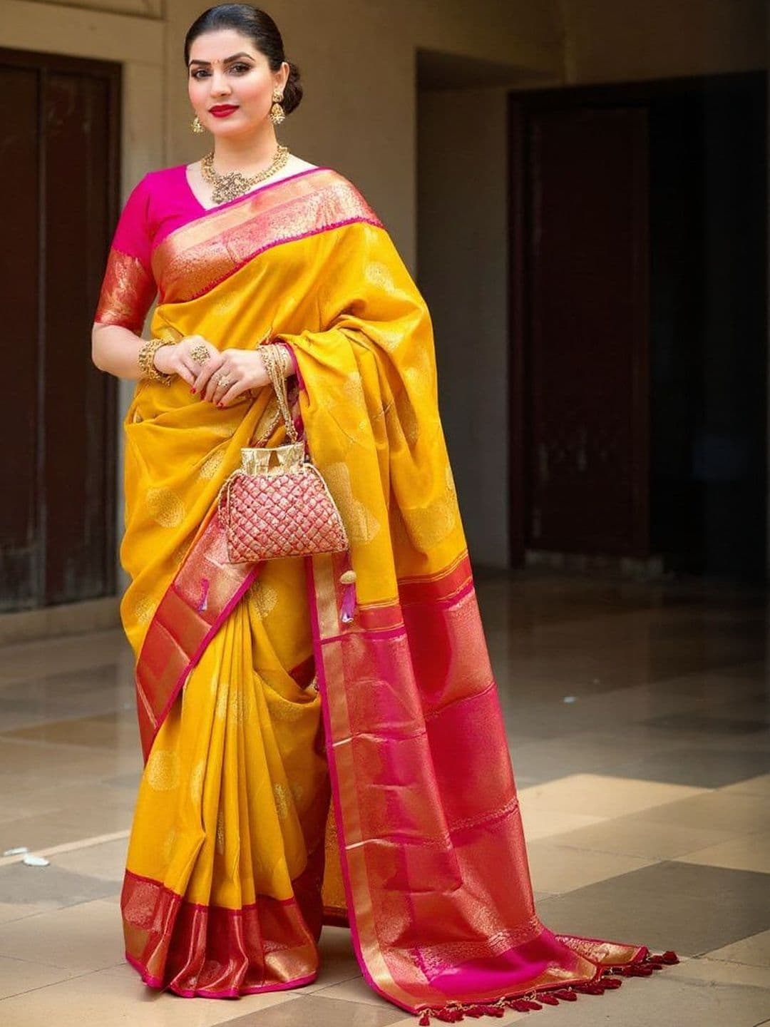 VILLE FASHION Yellow Art Silk Woven Design Sarees - view 1