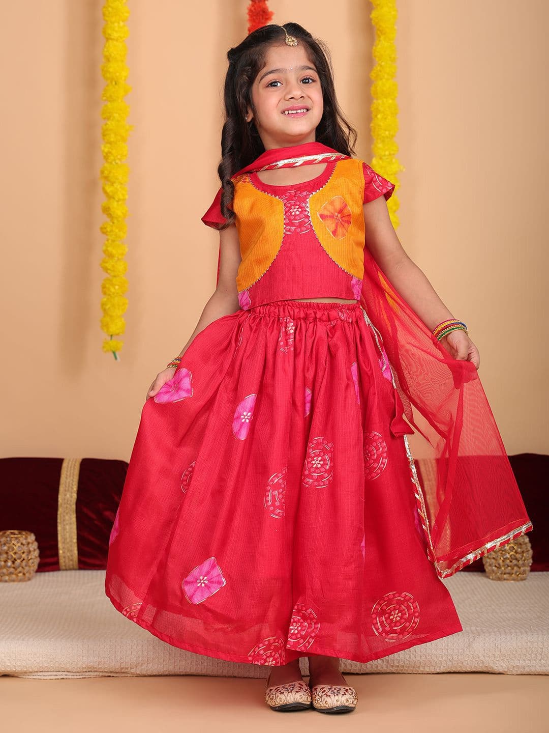 Here&Now X Kinder Kids Girls Printed Cotton Ready to Wear Lehenga & Blouse With Dupatta - view 1