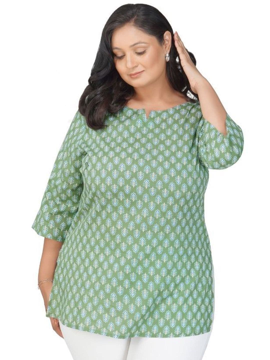 30 Looks Green Plus Size Cotton Printed Kurti - view 1