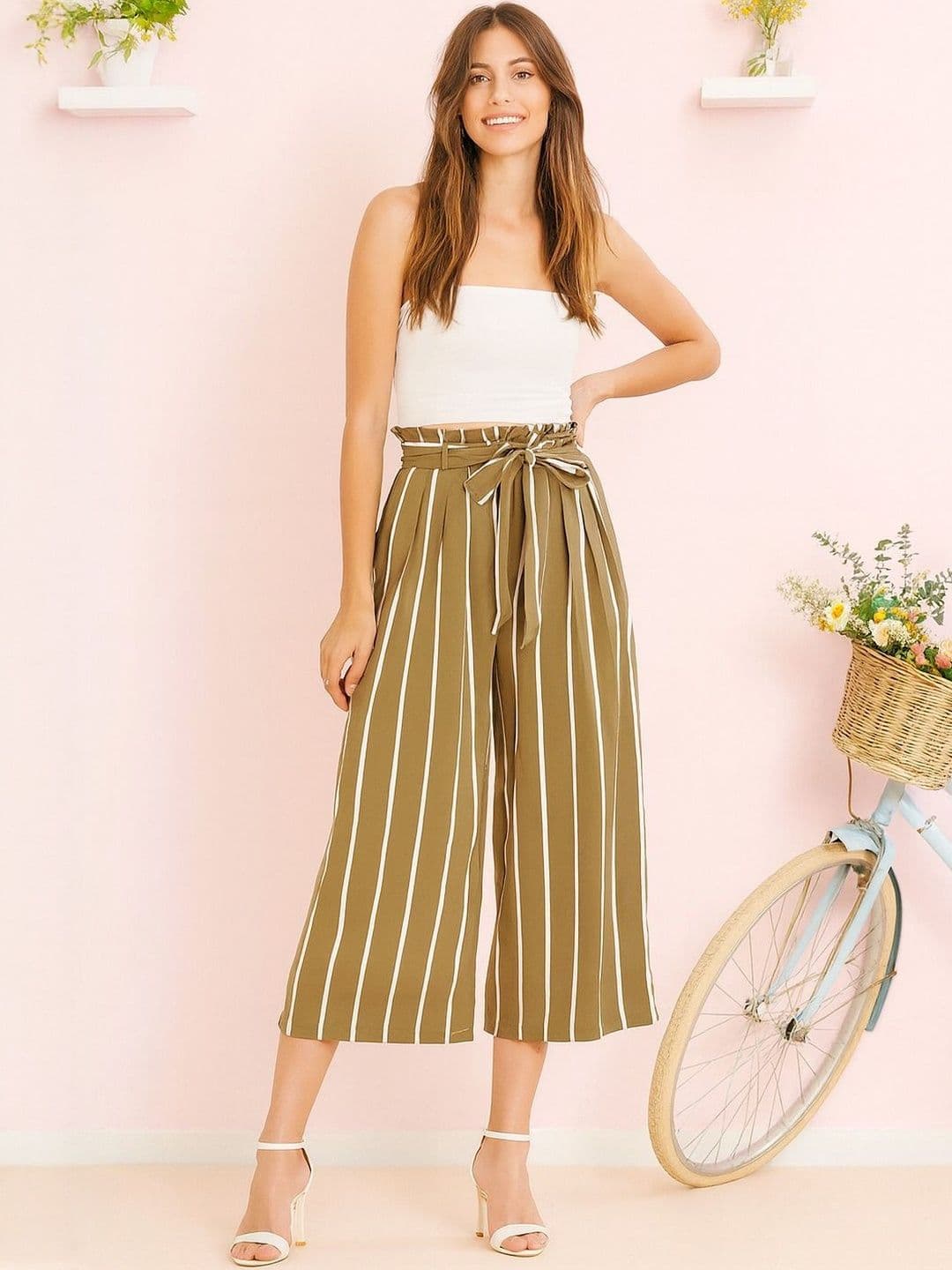 HERE&NOW Women Olive Striped Crepe Palazzos - view 1