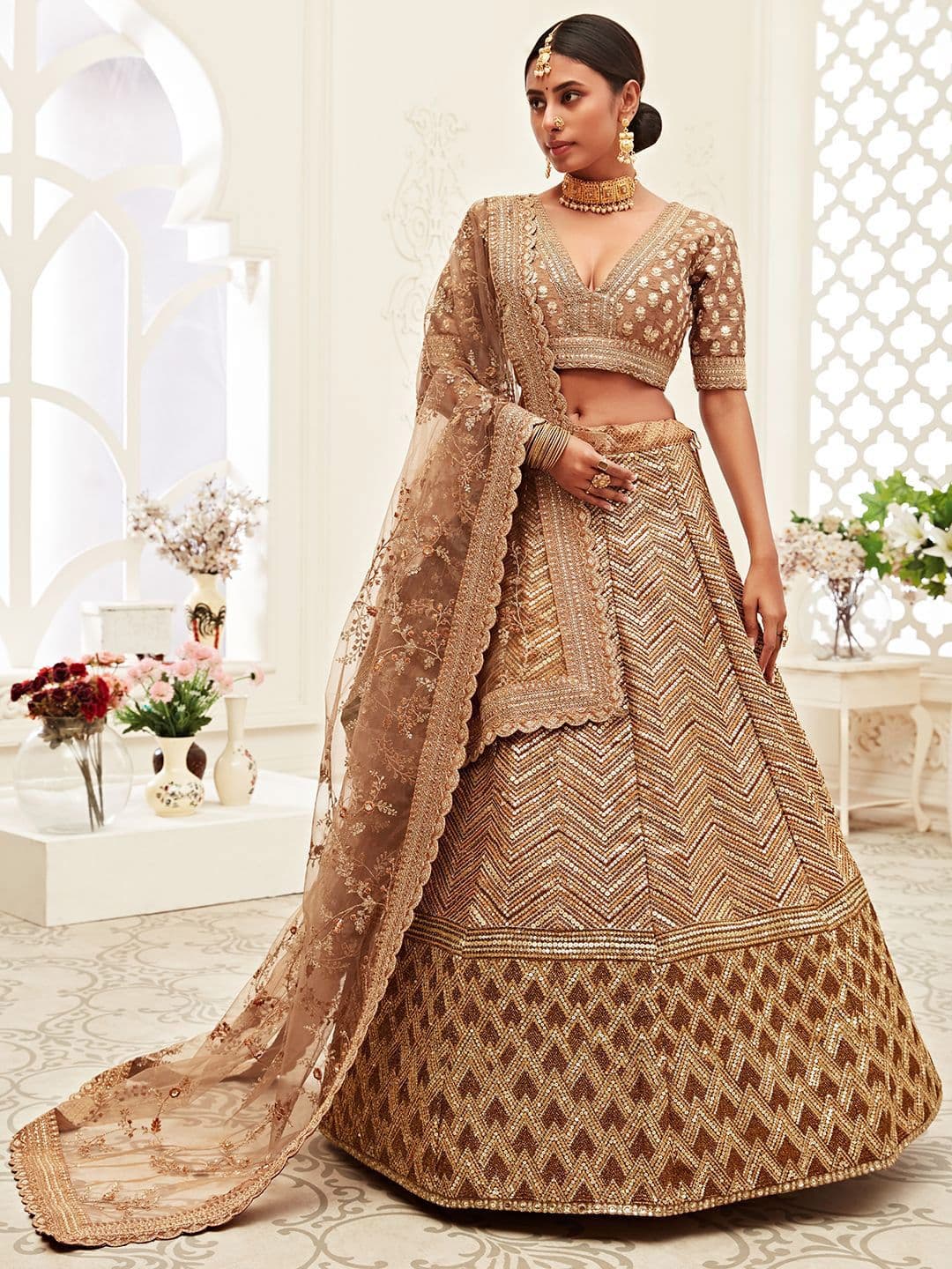 ETHNIC PLUS Brown Embroidered Silk Semi-Stitched Lehenga & Unstitched Blouse With Dupatta - view 1