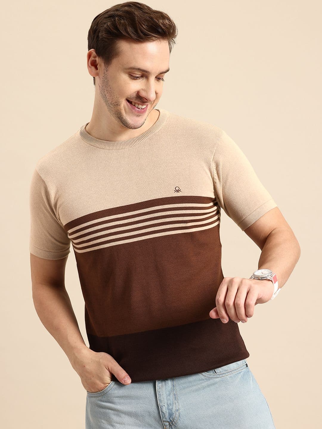 United Colors of Benetton Pure Cotton Colourblocked Pullover Sweaters - view 1