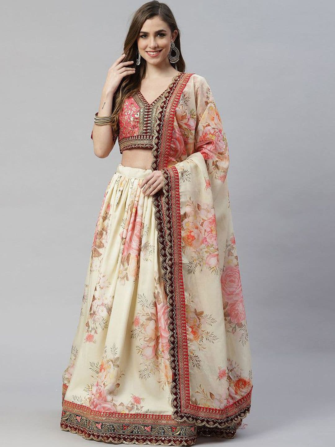 ETHNIC PLUS Sequinned Embroidered Organza Lehenga Choli With Dupatta - view 1