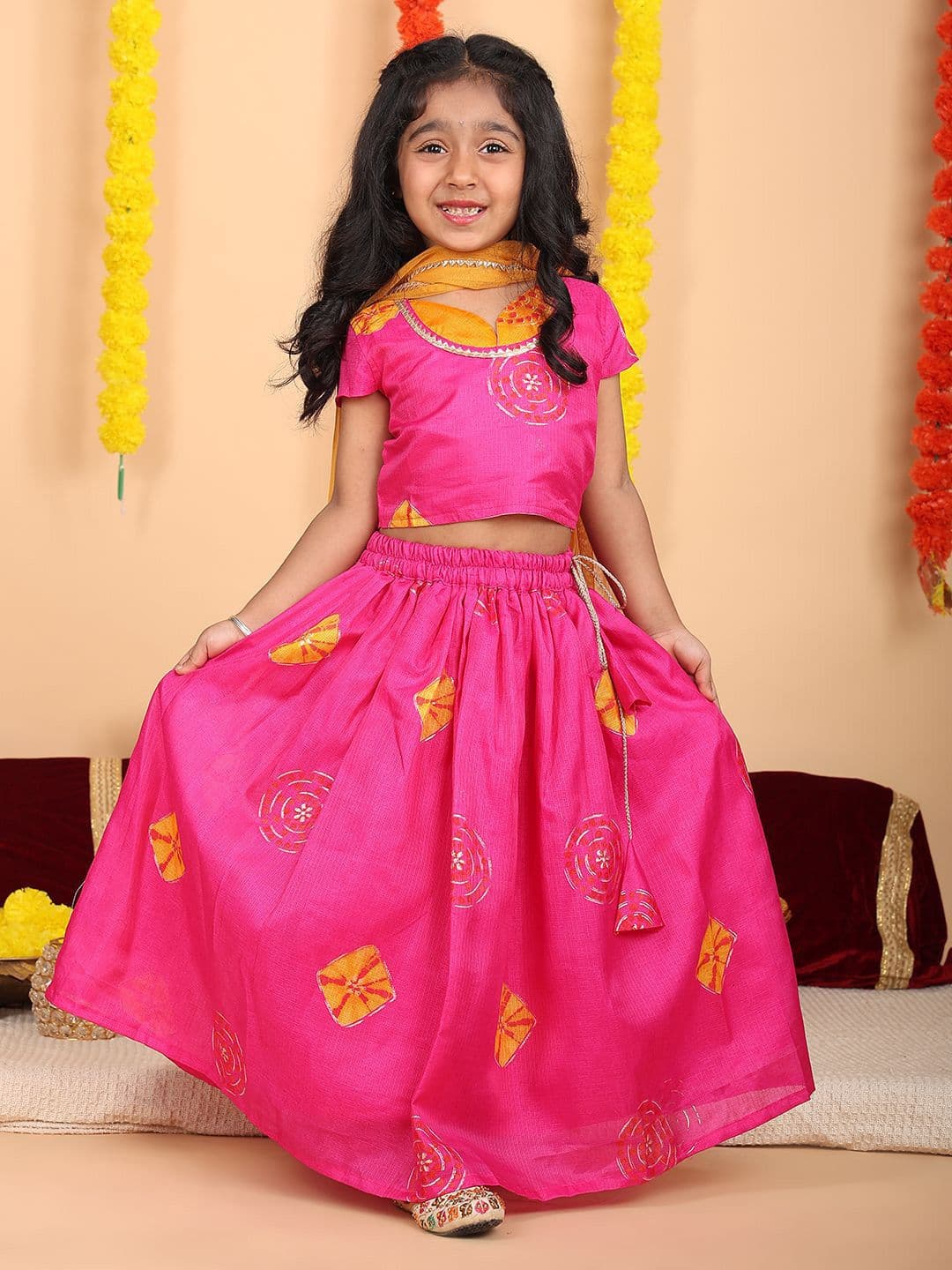 Here&Now X Kinder Kids Girls Printed Cotton Ready to Wear Lehenga & Blouse With Dupatta - view 1