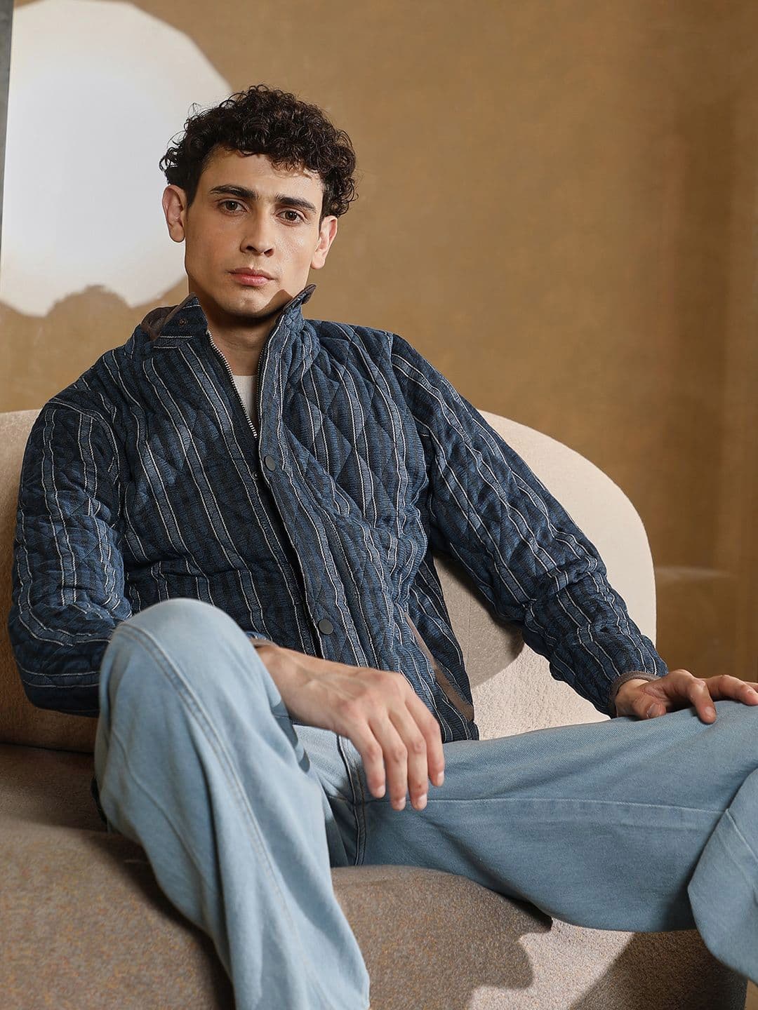 CAHOOT Men Mandarin Collar Striped Lightweight Cotton Quilted Jacket - view 1
