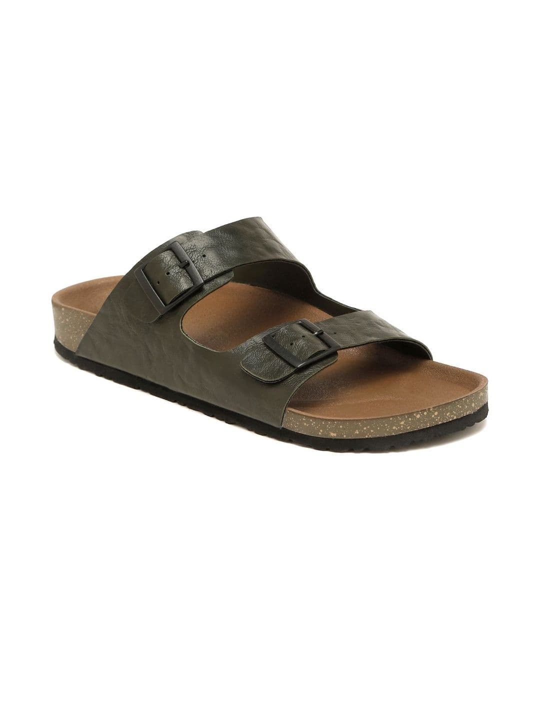 Kosher Men Comfortable Textured Olive Colour Double Buckle Slipper - view 1