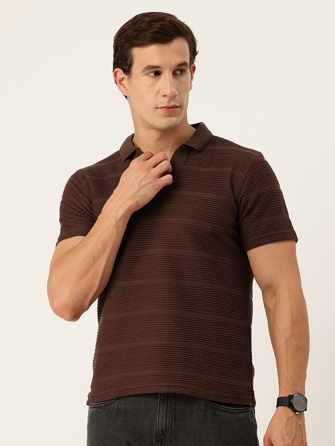 Okane Self-Striped Polo Collar T-shirt - view 1