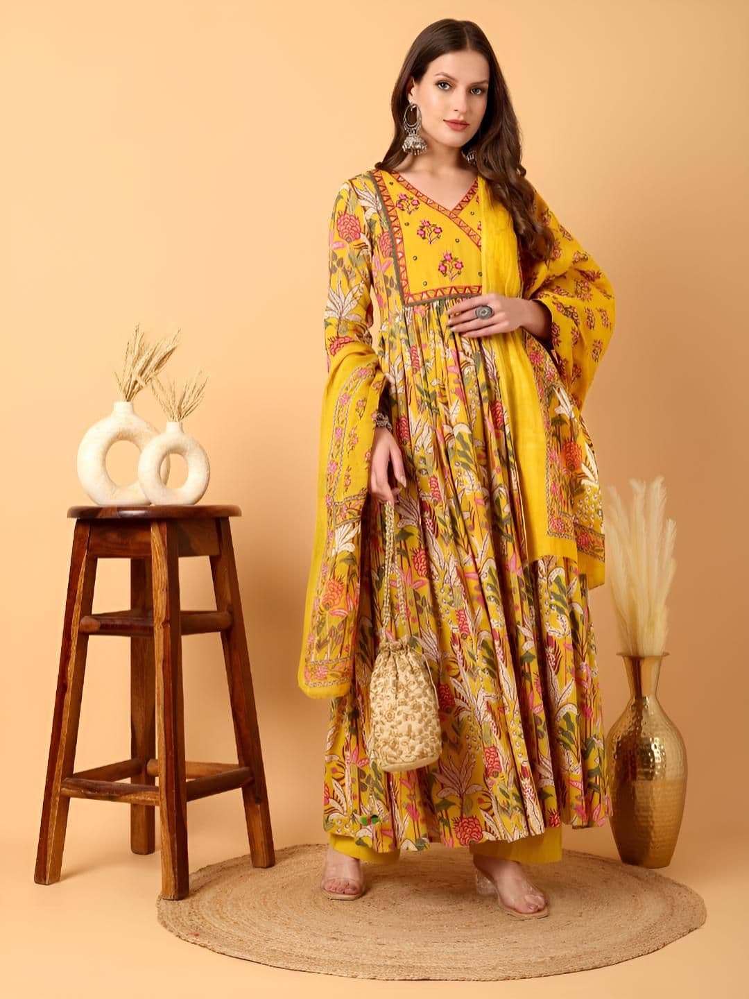 TARANJAL Women Floral Printed Pure Cotton Anarkali Kurta with Trouser & Dupatta - view 1