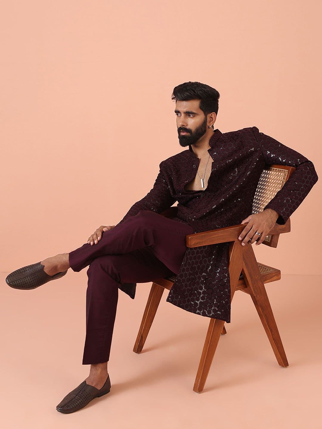 KISAH Men Embellished Regular Fit Sequinned Indowestern Sherwani Trouser Set - view 1