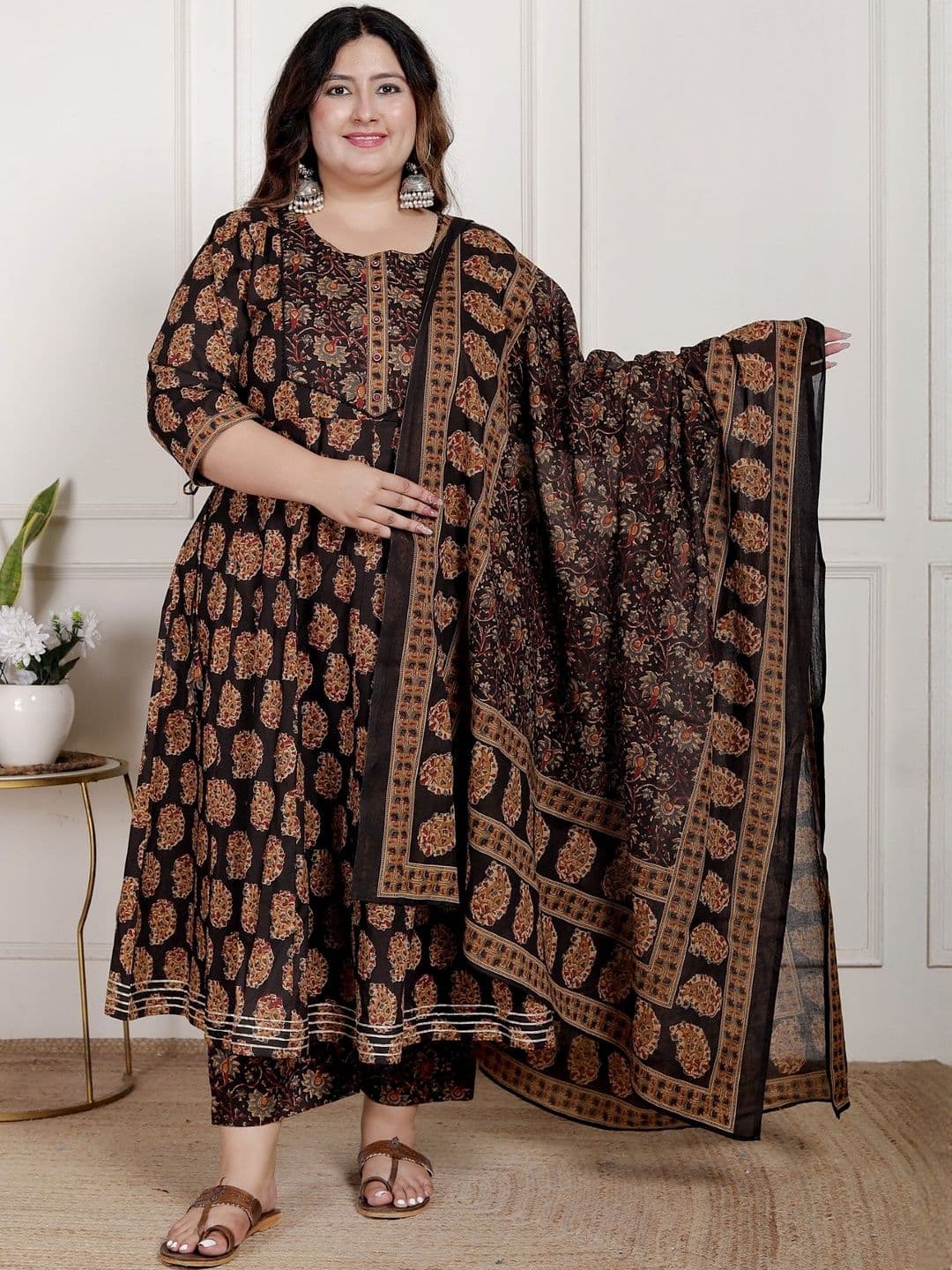 Swasti Women Ethnic Motifs Printed Tiered Pure Cotton Kurta with Trousers And Dupatta - view 1