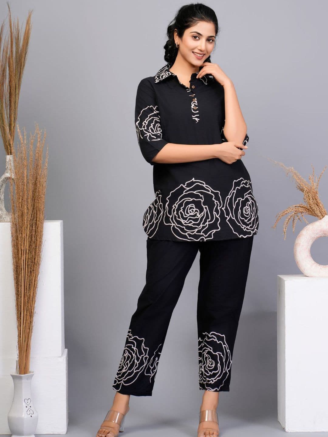 ETC X fwd Printed Shirt Collar Pure Cotton Top With Trousers Co-Ords - view 1