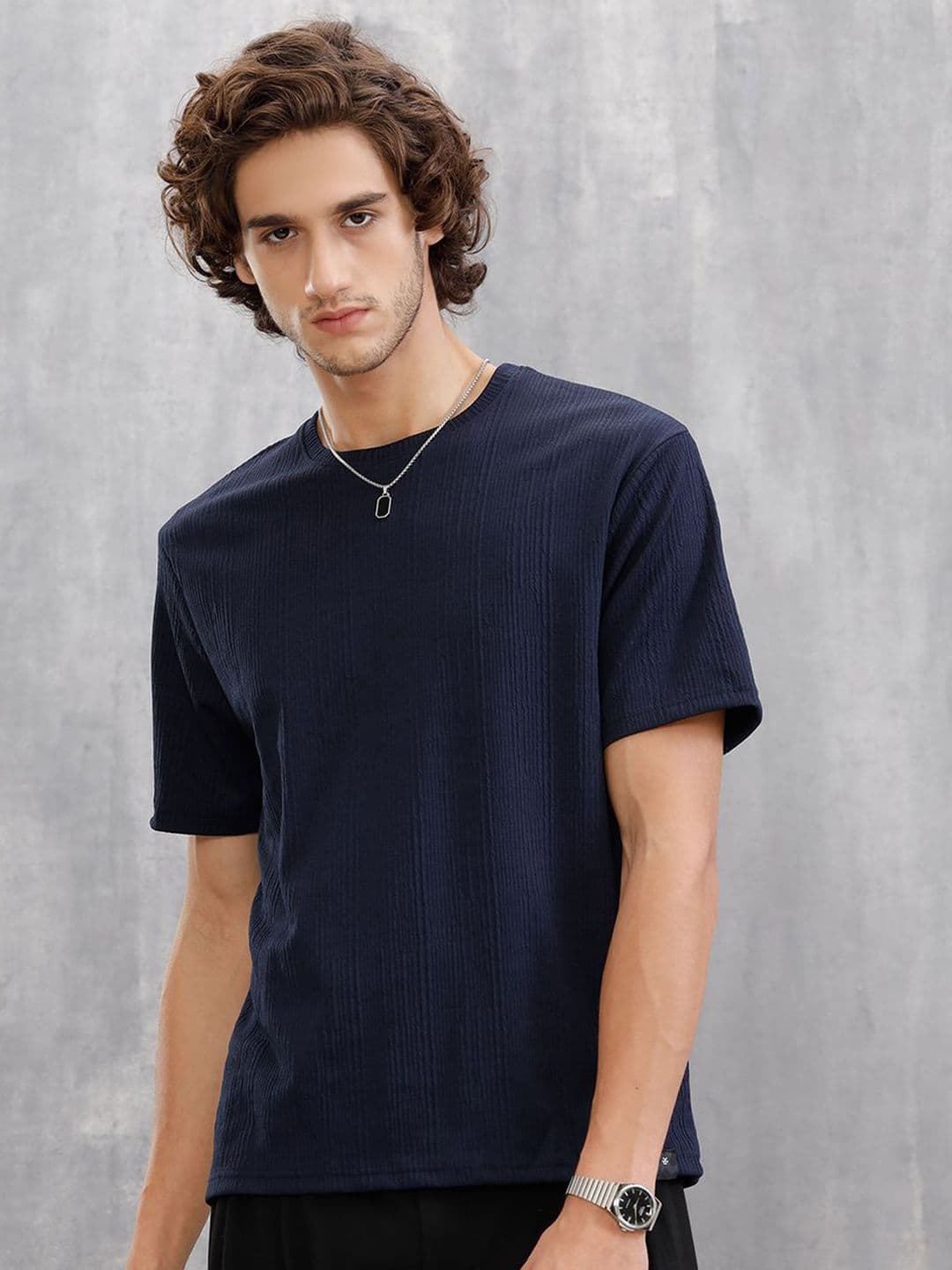WROGN Men Self Design Round Neck Cotton Oversized T-shirt - view 1