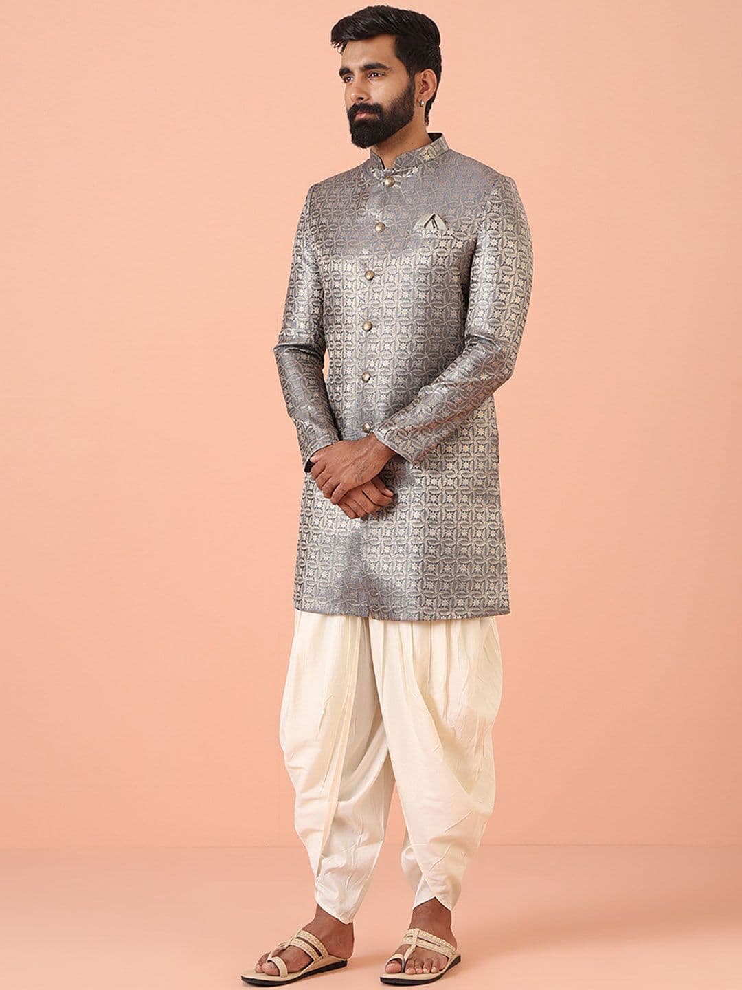 KISAH Men Mandarin Collar Regular Fit Self Design Indowestern Sherwani Dhoti Pant Set