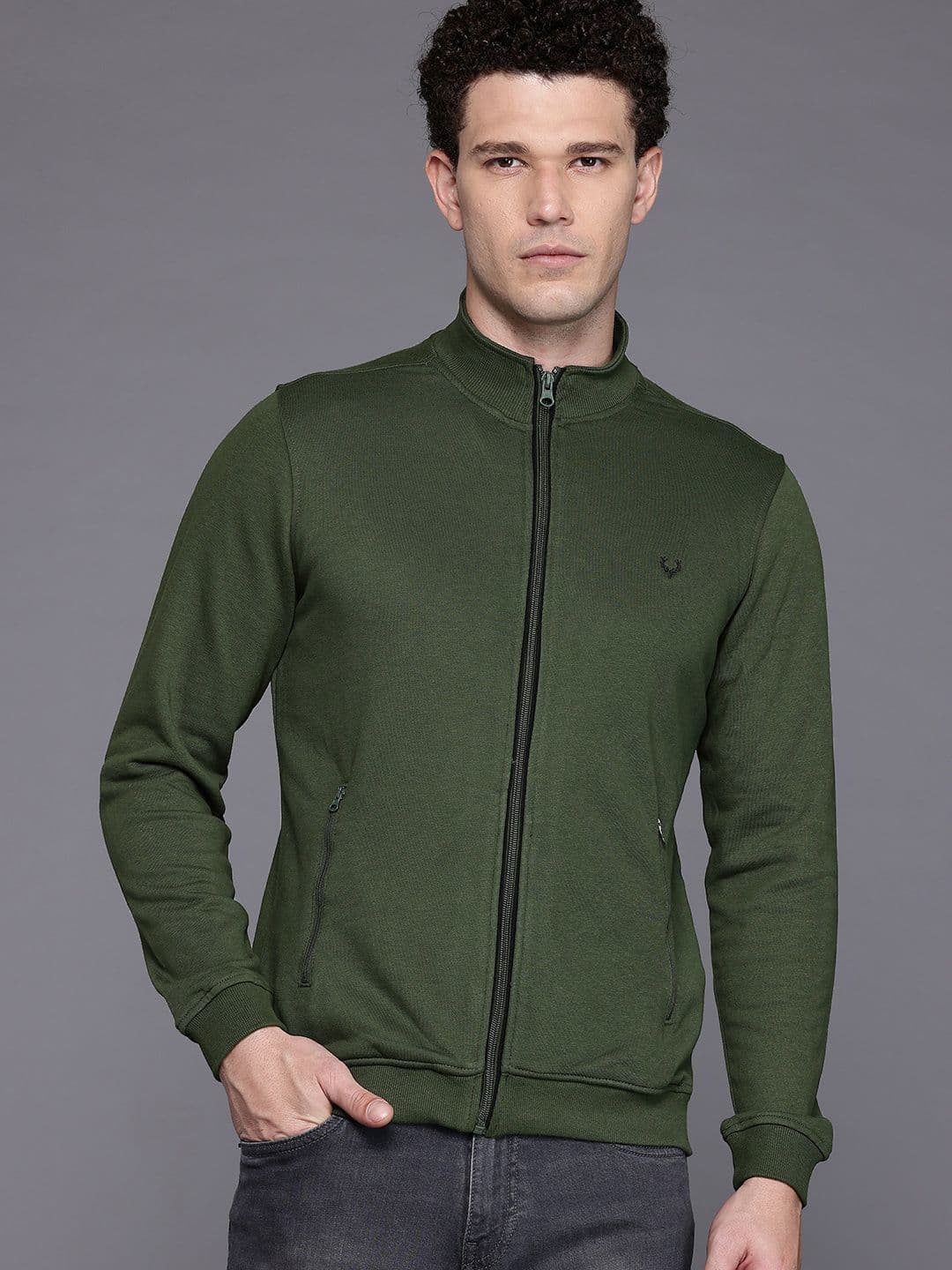 Allen Solly Mock Collar Zip-Up Sweatshirt With Inner Fleece