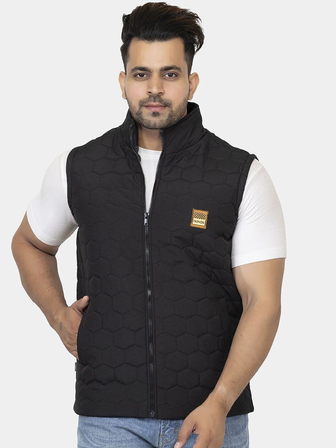 STYLOPLEX Men Stand Collar Geometric Lightweight Gilet Jacket - view 1