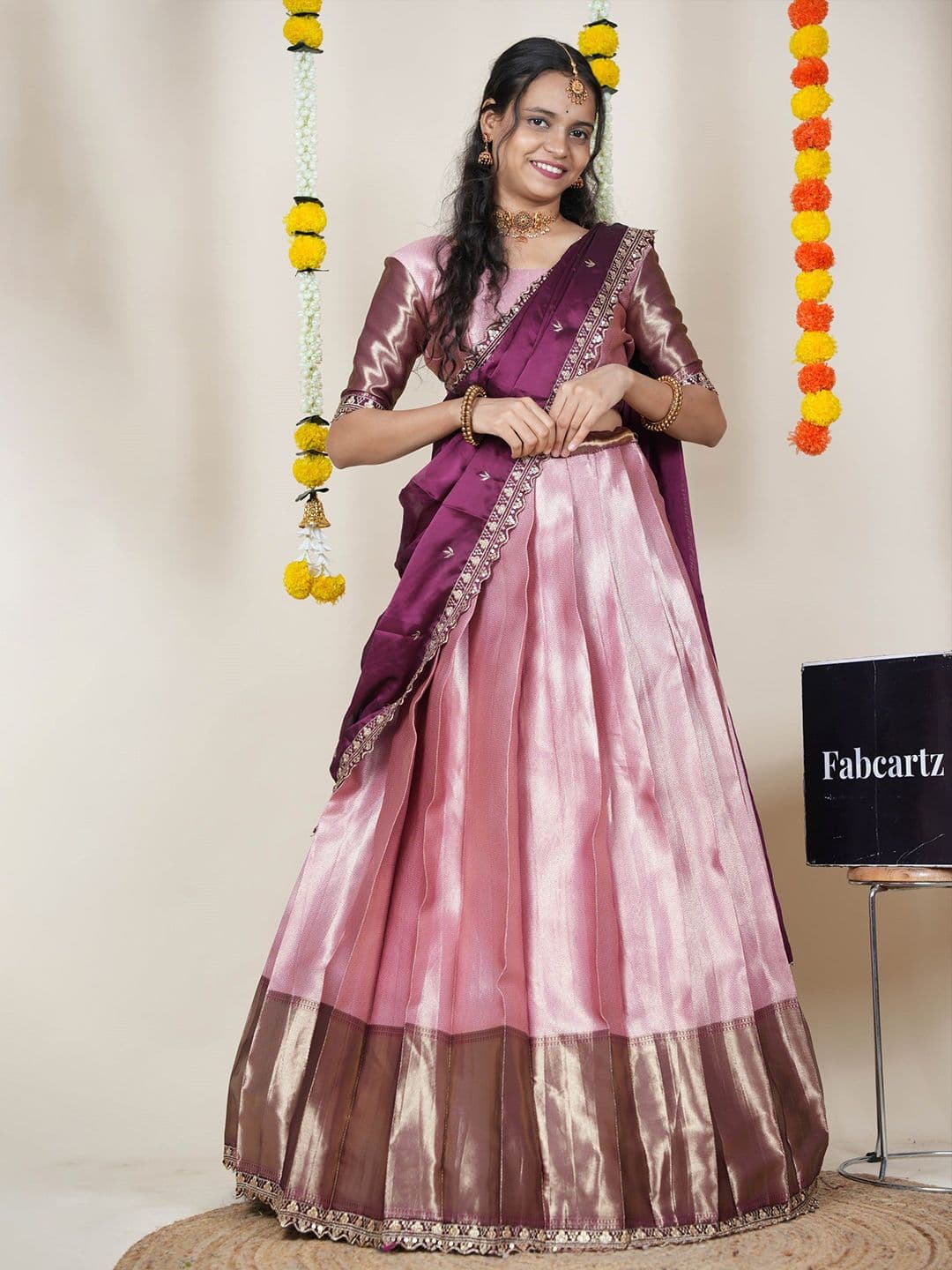 Fabcartz Embroidered Semi-Stitched Silk Lehenga & Unstitched Blouse With Dupatta - view 1