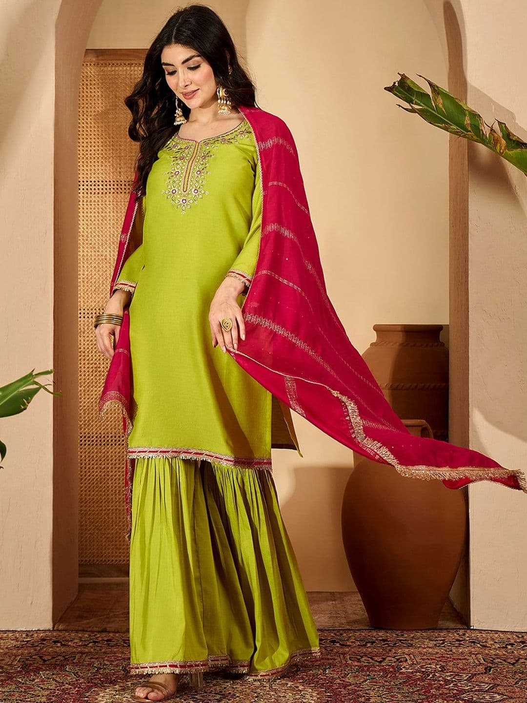 Sangria Floral Embroidered Kurta with Palazzos & Dupatta - view 1