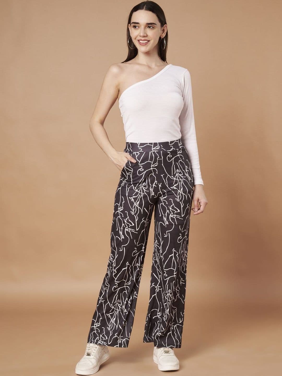 Moda Rapido Women Black Abstract Printed Knitted Palazzo - view 1