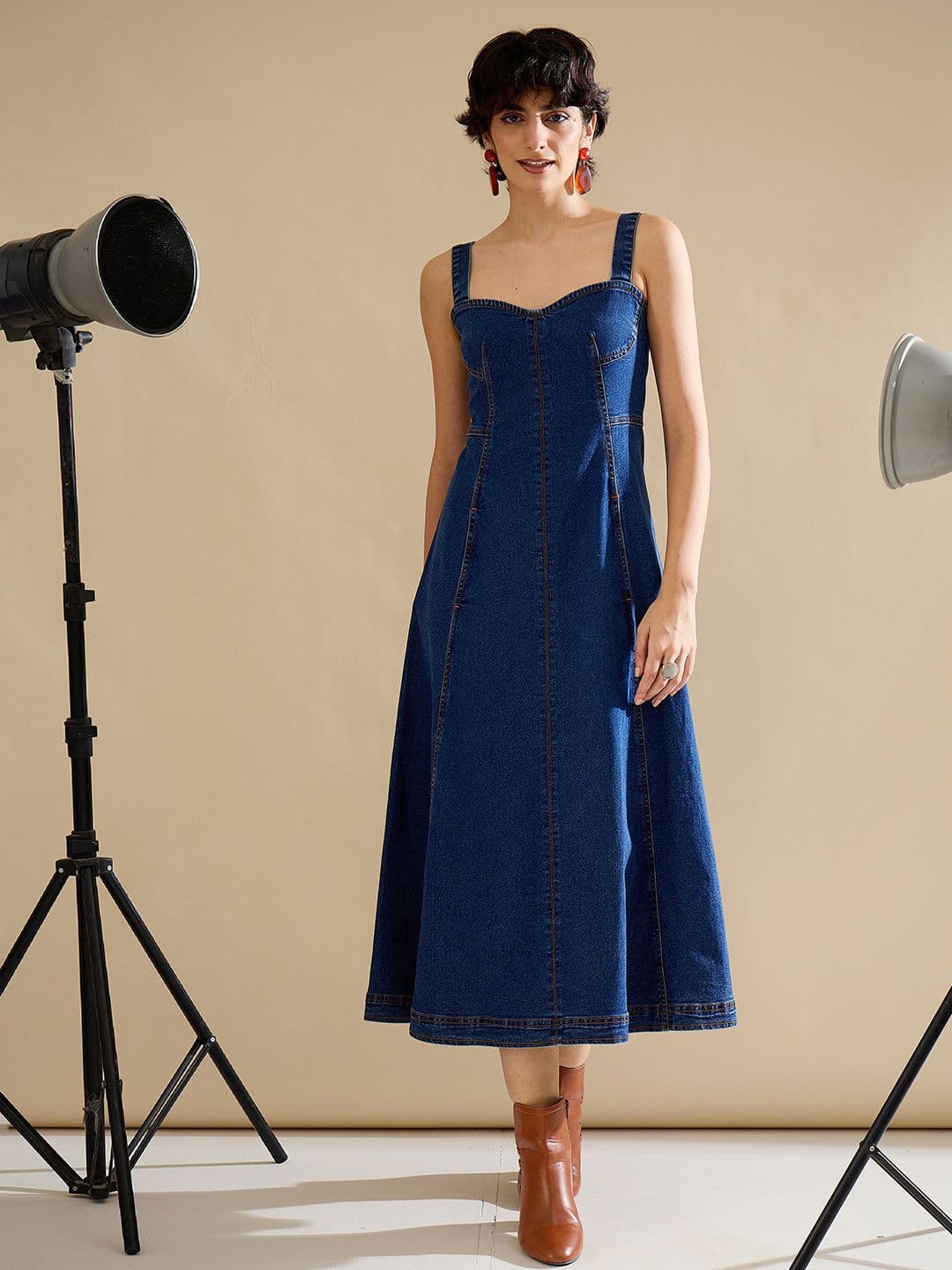 SASSAFRAS Women Shoulder Straps Indigo Denim A-Line Midi Dress - view 1