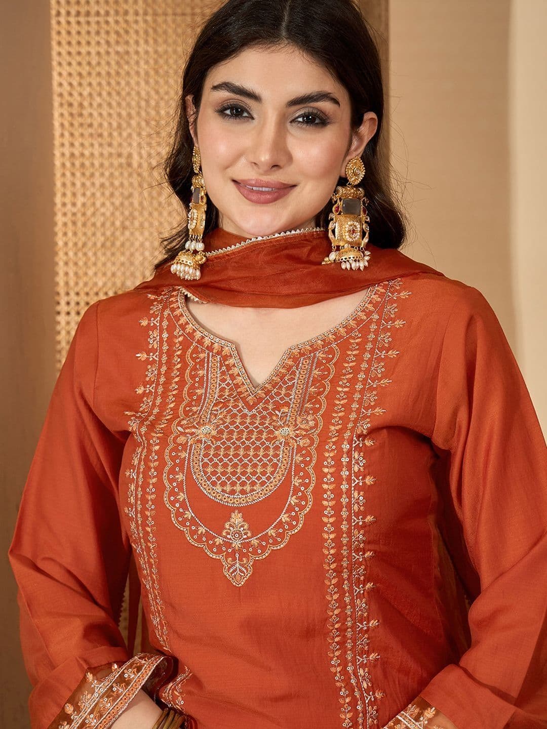 Sangria Women Orange Chinon Silk Blend Zari Sequence Embroidered Thread Work Kurta Set - view 1