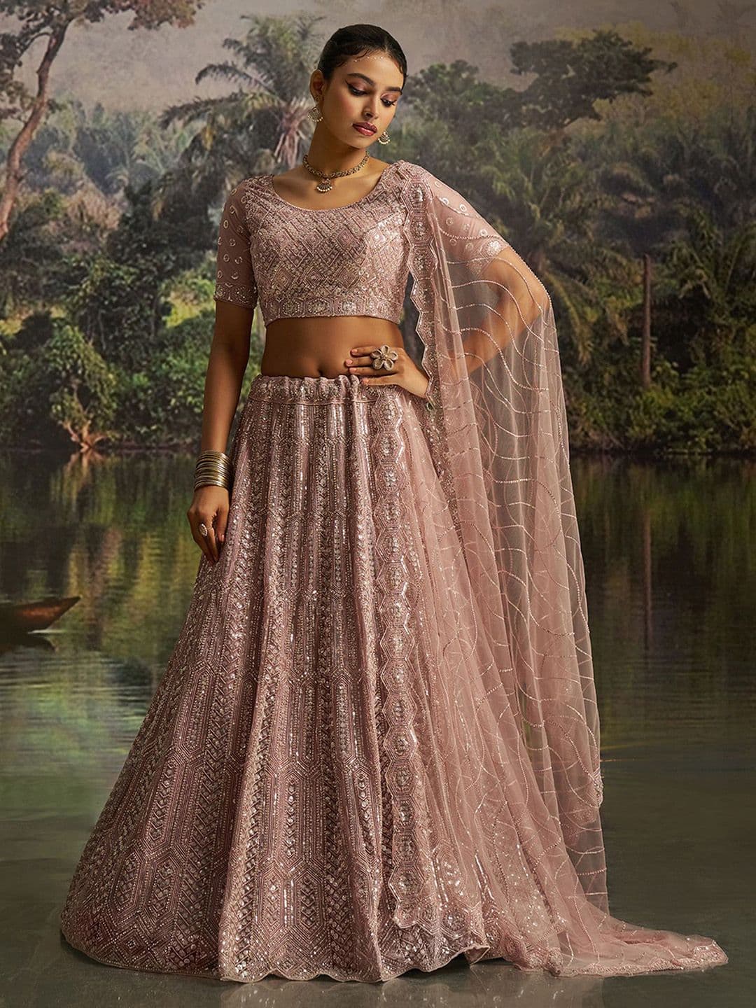 Fusionic Embroidered Sequinned Semi-Stitched Lehenga & Unstitched Blouse With Dupatta - view 1