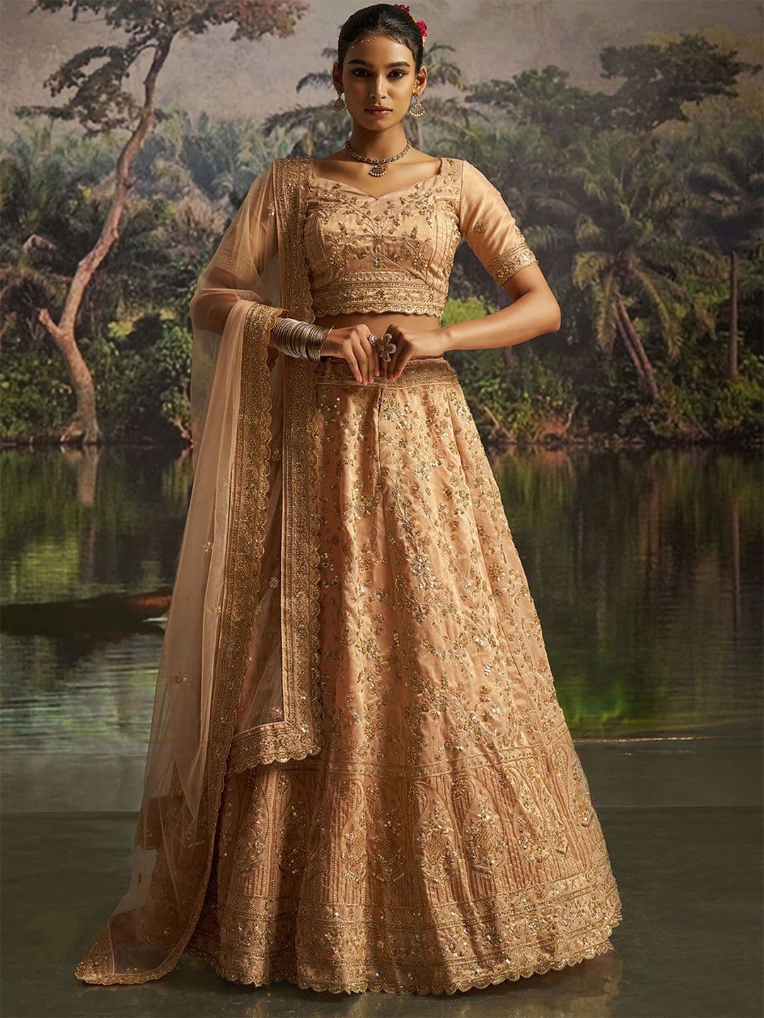 Fusionic Embroidered Sequinned Semi-Stitched Lehenga & Unstitched Blouse With Dupatta - view 1