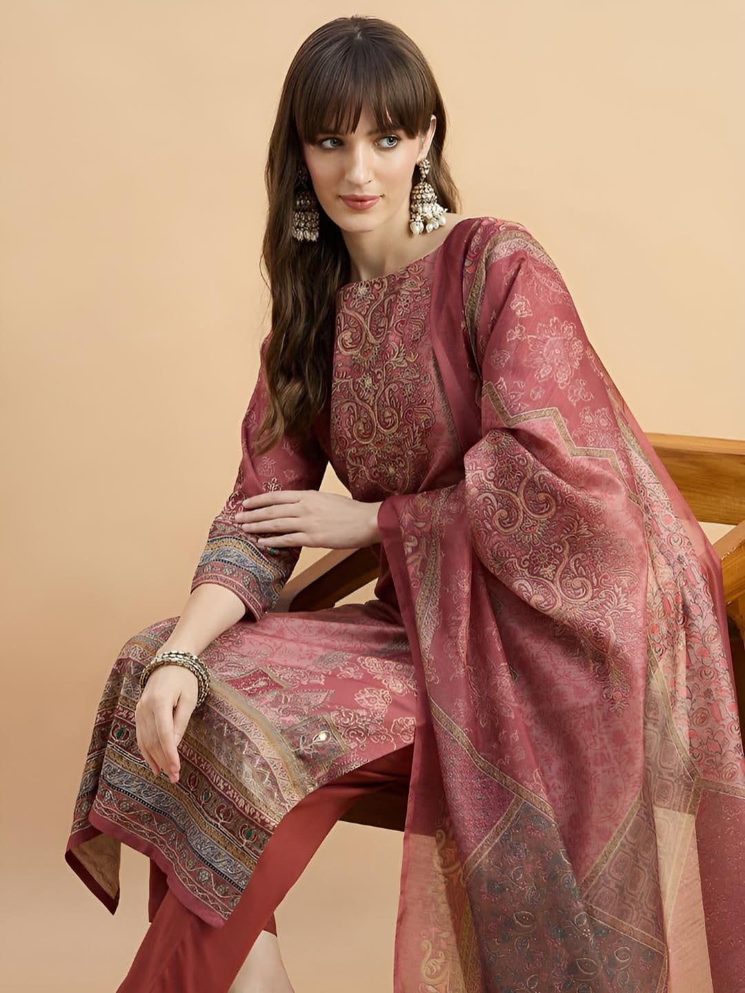 Anouk Rustic Floral Printed Boat Neck Thread Work Straight Kurta With Trousers & Dupatta - view 1