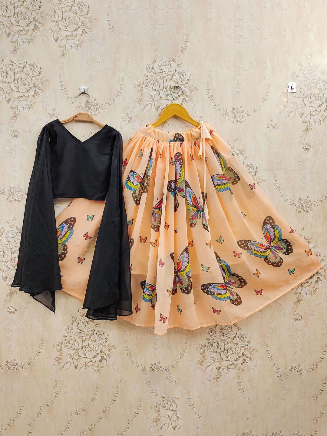 JOVK DESIGN Girls Peach Titli Printed Ready to Wear Lehenga Choli - view 1